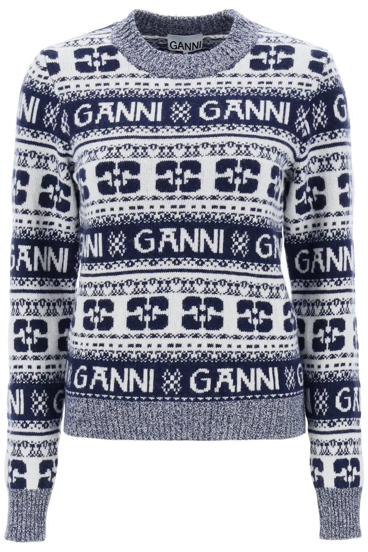 Shop Ganni Jacquard Wool Sweater With Logo Pattern In White,blue