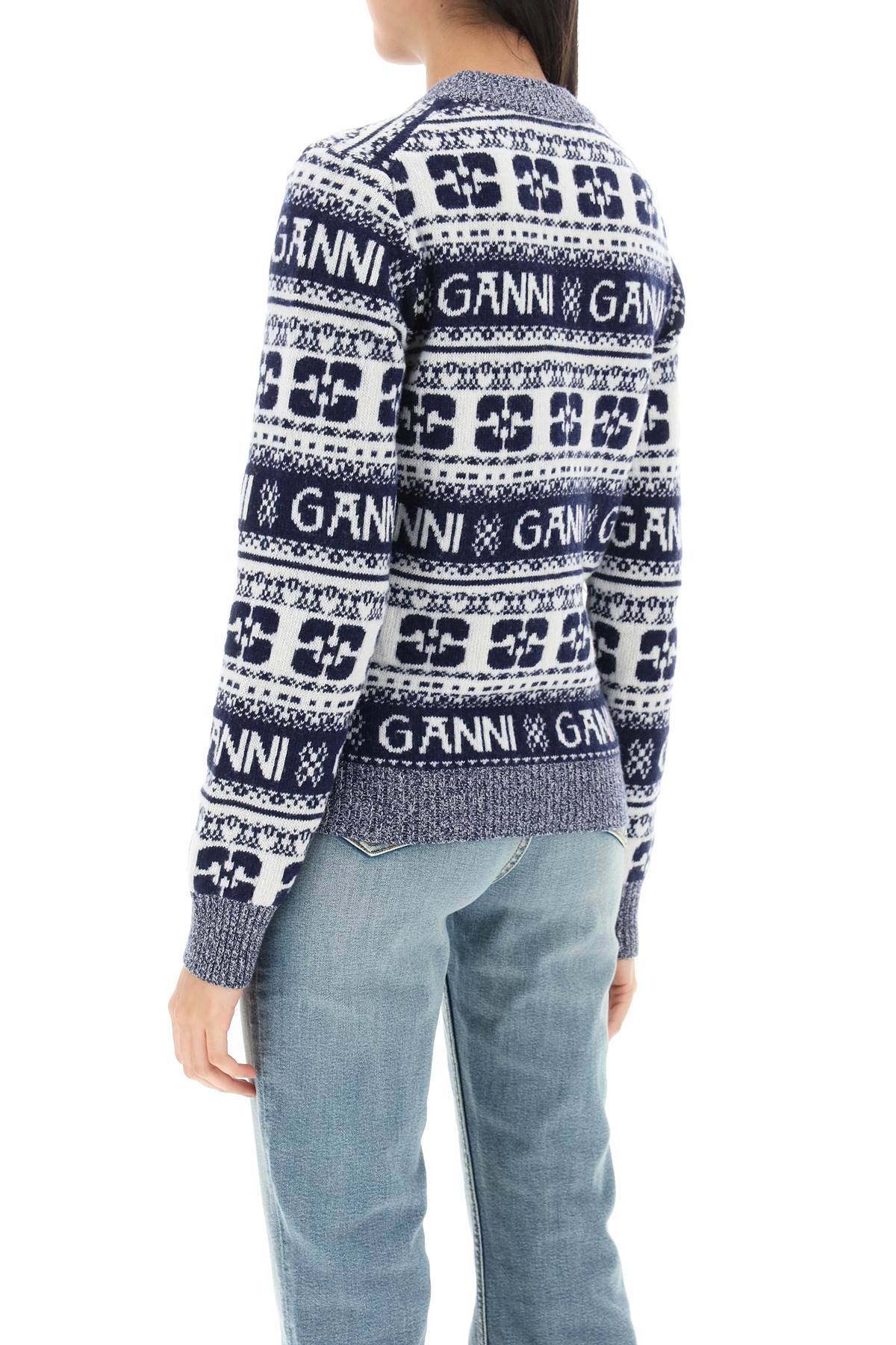 Shop Ganni Jacquard Wool Sweater With Logo Pattern In White,blue