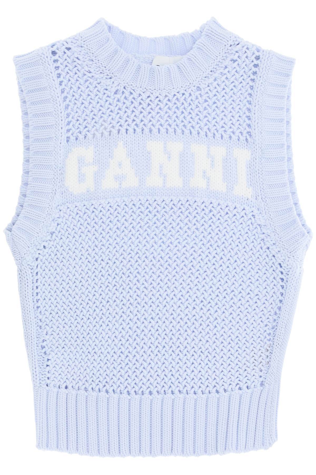 Shop Ganni Open-stitch Knitted Vest With Logo In Light Blue