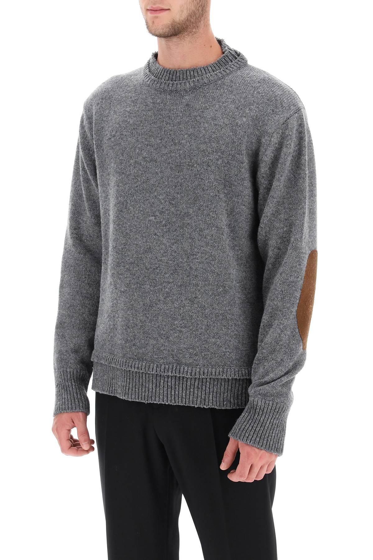 Shop Maison Margiela Crew Neck Sweater With Elbow Patches In Grey