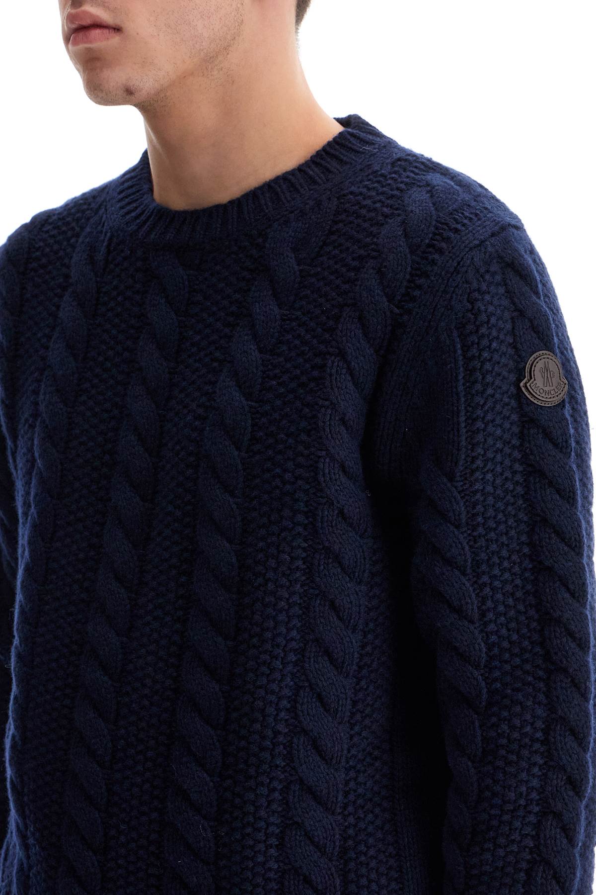 Shop Moncler Wool And Cashmere Cable Knit Pullover In Blue