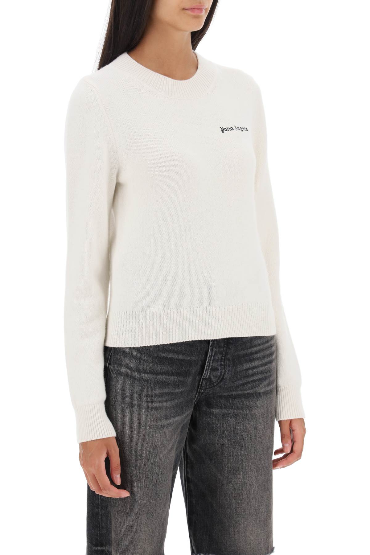 Shop Palm Angels Cropped Sweater With Logo Embroidery In White