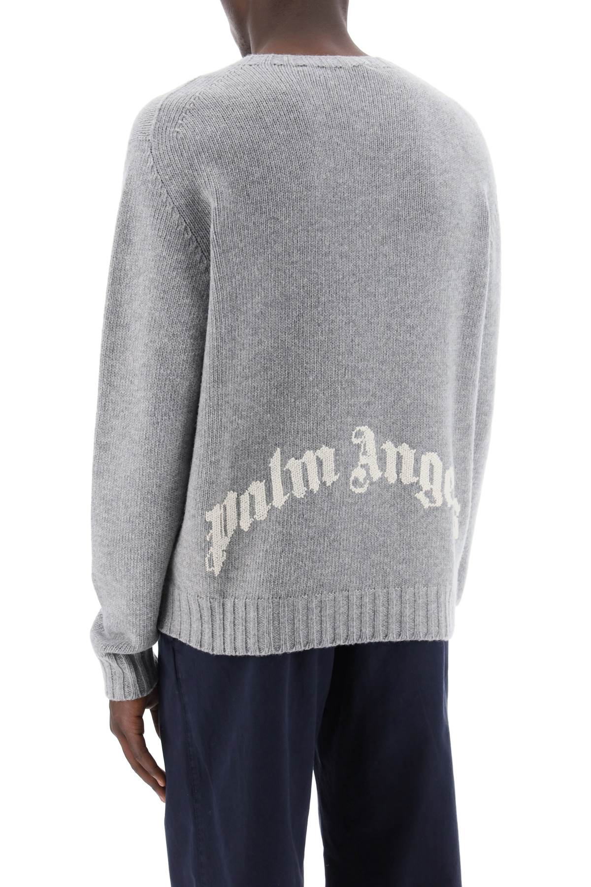 Shop Palm Angels Wool Sweater With Logo Intarsia In Grey