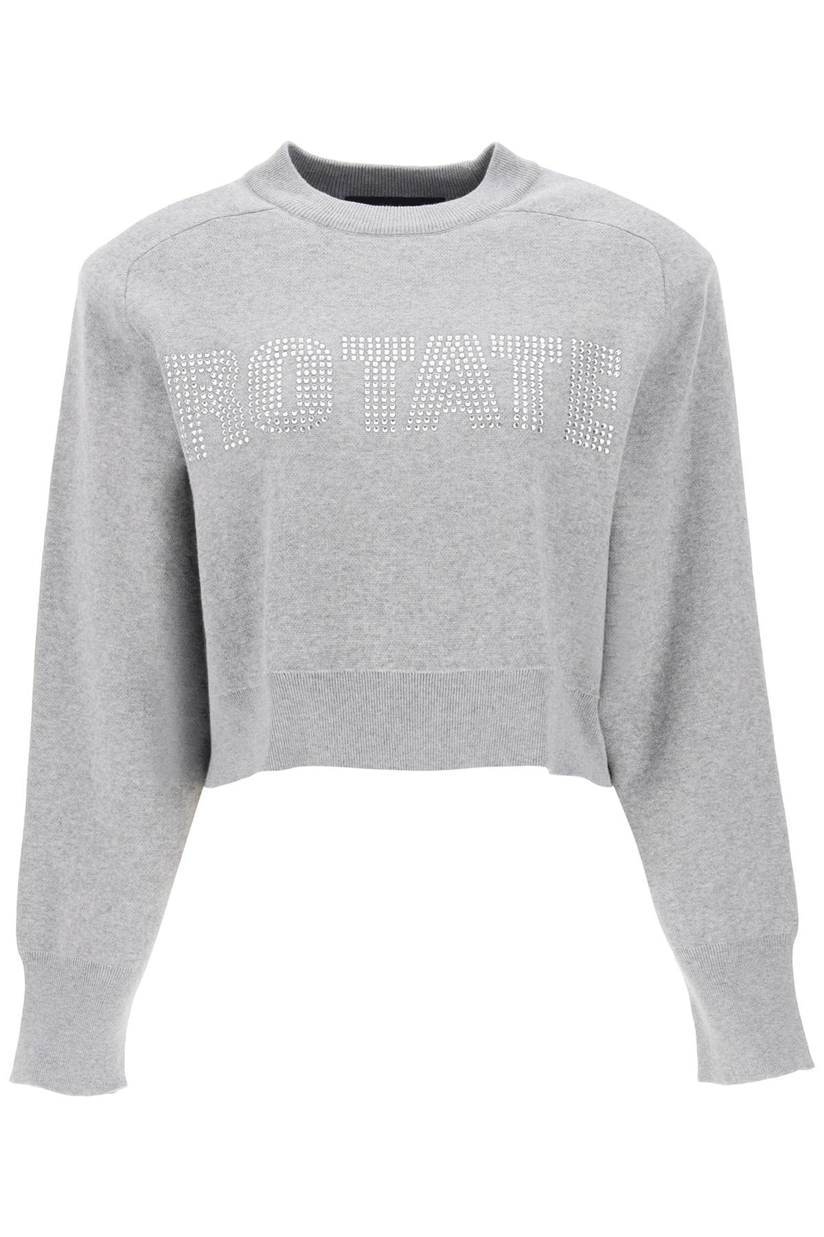 Shop Rotate Birger Christensen Cropped Sweater With Rhinestone-studded Logo In Grey