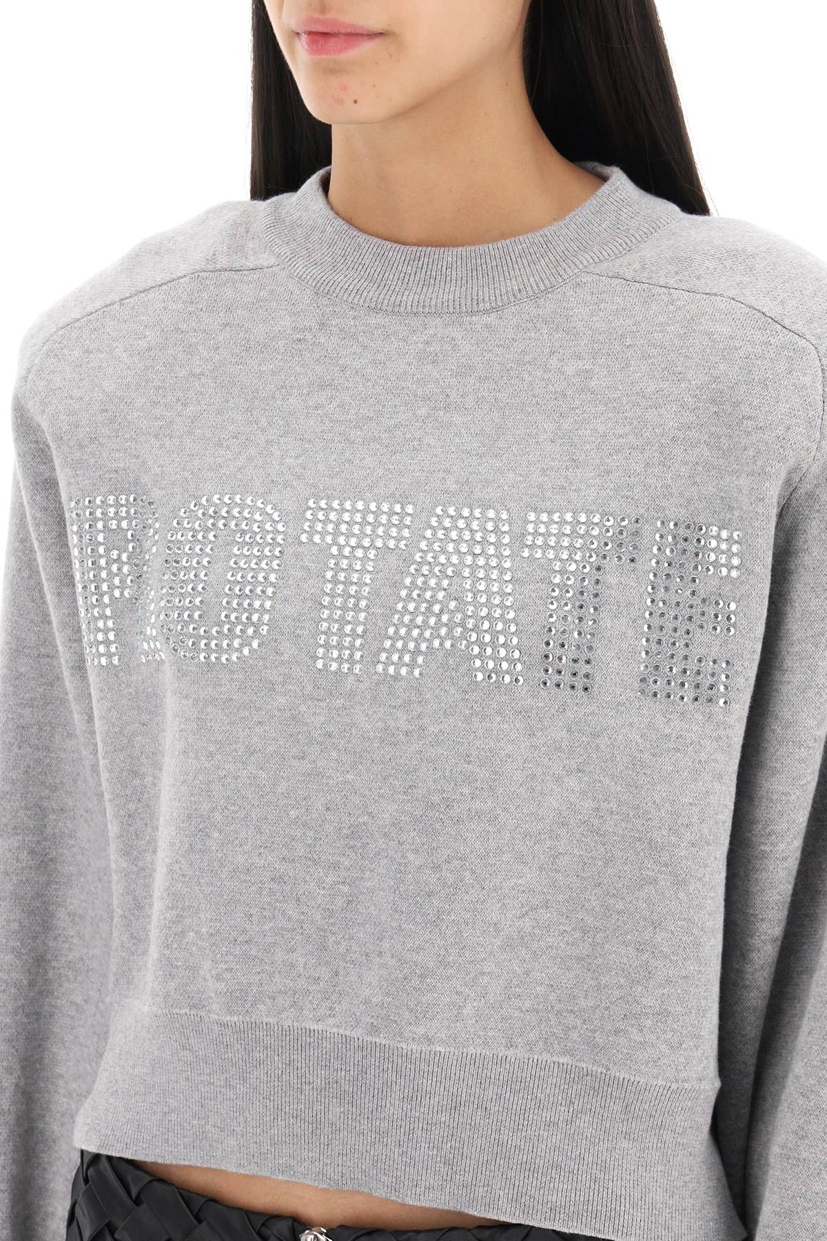 Shop Rotate Birger Christensen Cropped Sweater With Rhinestone-studded Logo In Grey
