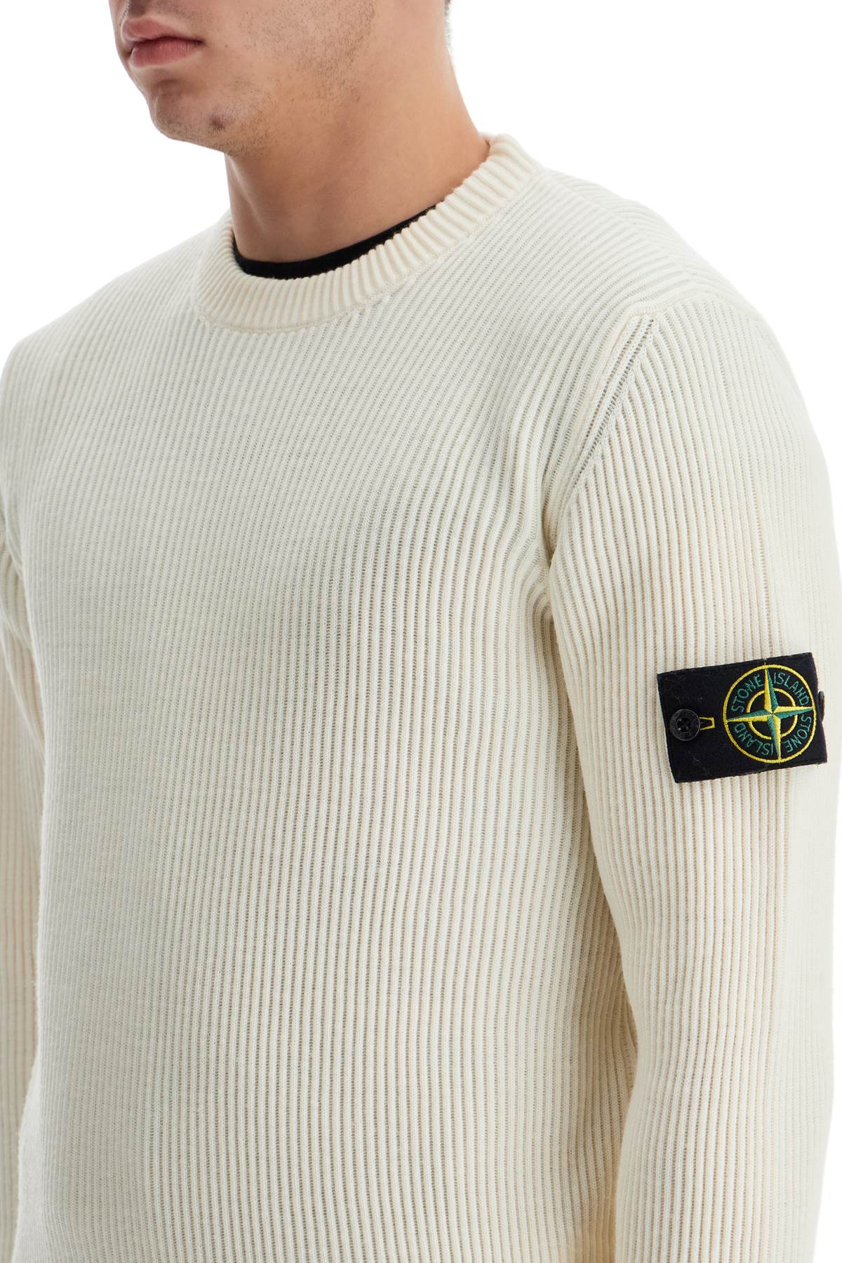 Shop Stone Island Ribbed Wool Crewneck Sweater In White