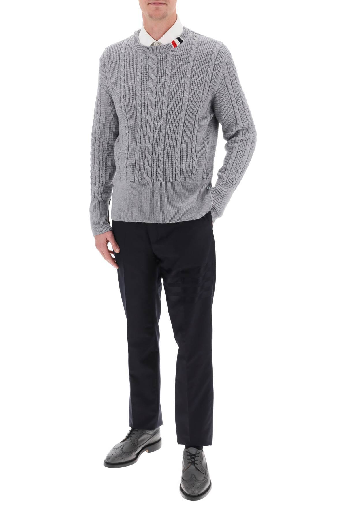 Shop Thom Browne Cable Wool Sweater With Rwb Detail In Grey