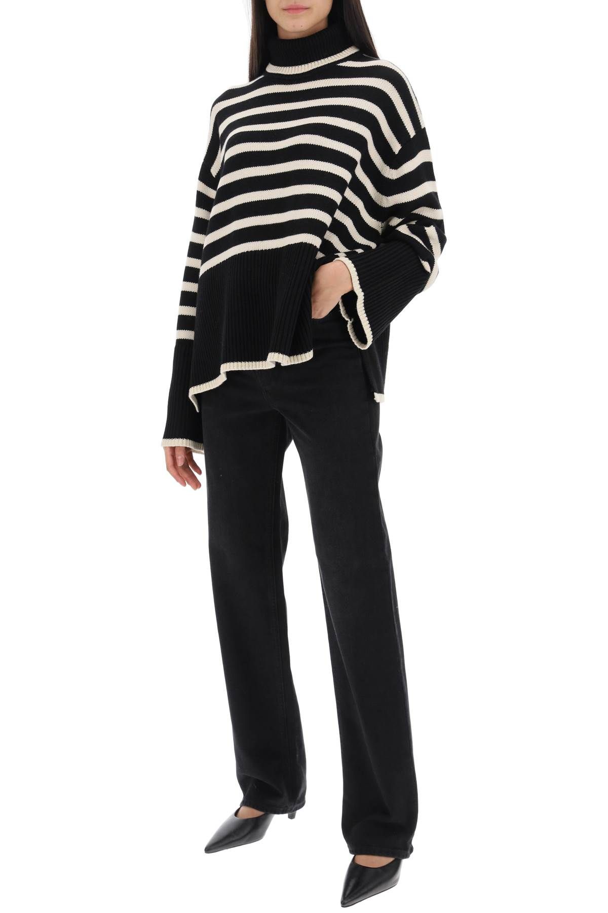 Shop Totême Striped Wool Cotton Turtleneck In Black