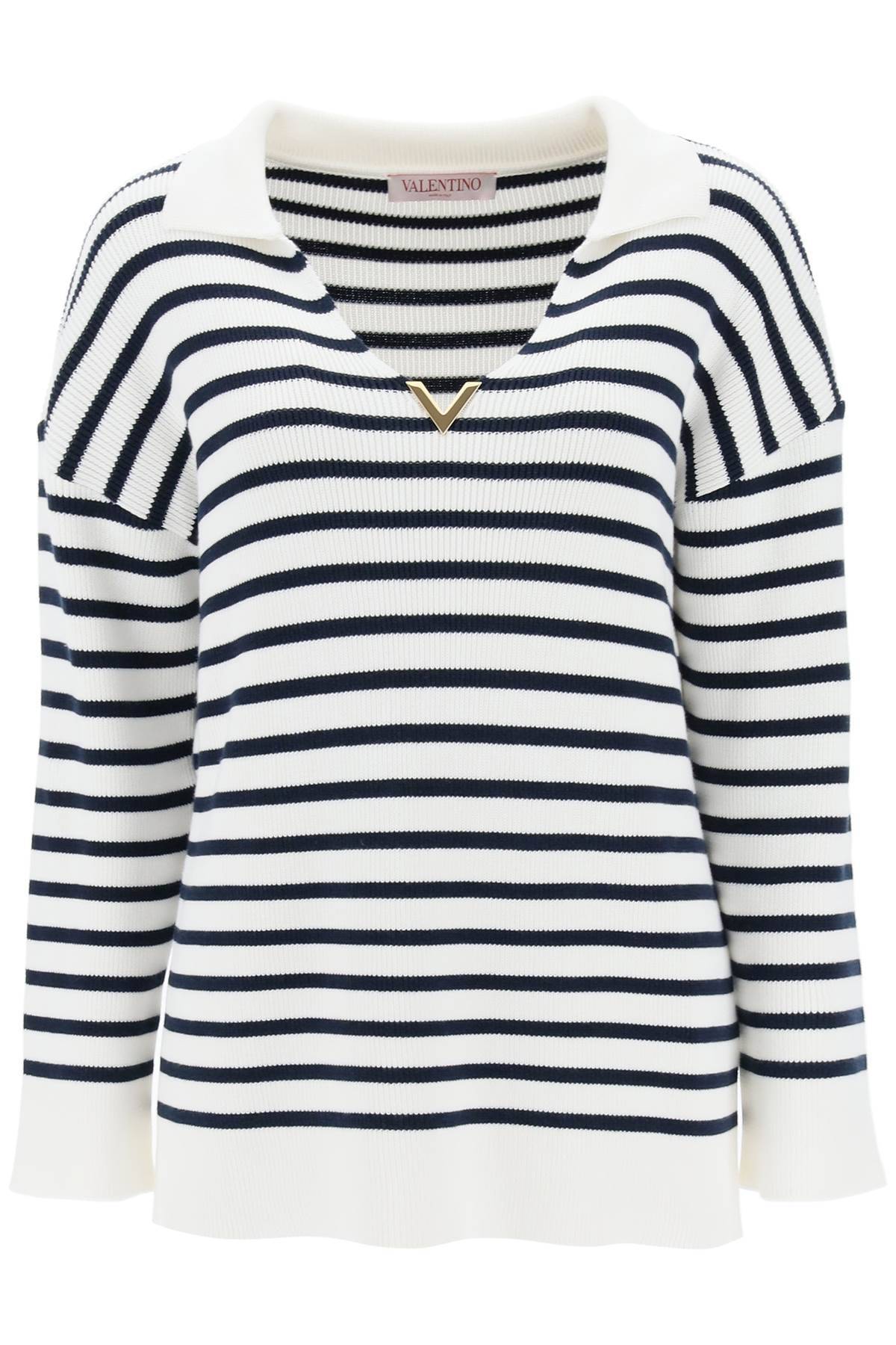 Shop Valentino Striped Cotton Knit Sweater With V Gold Detailing In White,blue