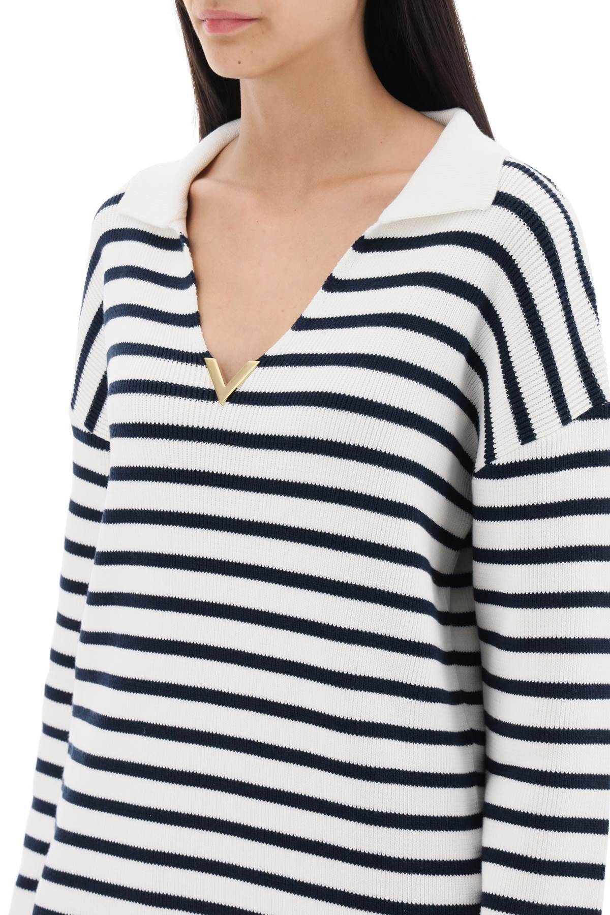 Shop Valentino Striped Cotton Knit Sweater With V Gold Detailing In White,blue