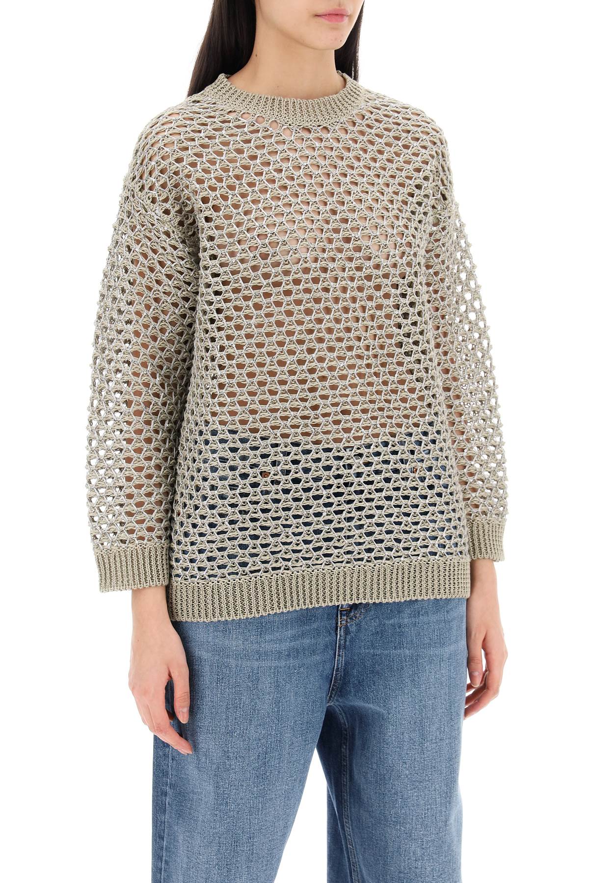 Shop Valentino "mesh Knit Pullover With Sequins Embell In Green,silver