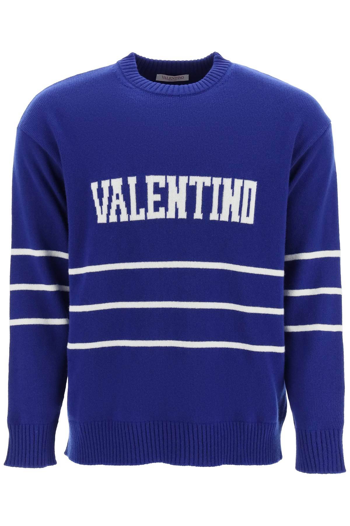 Shop Valentino Pullover With Jacquard Lettering Logo In Blue