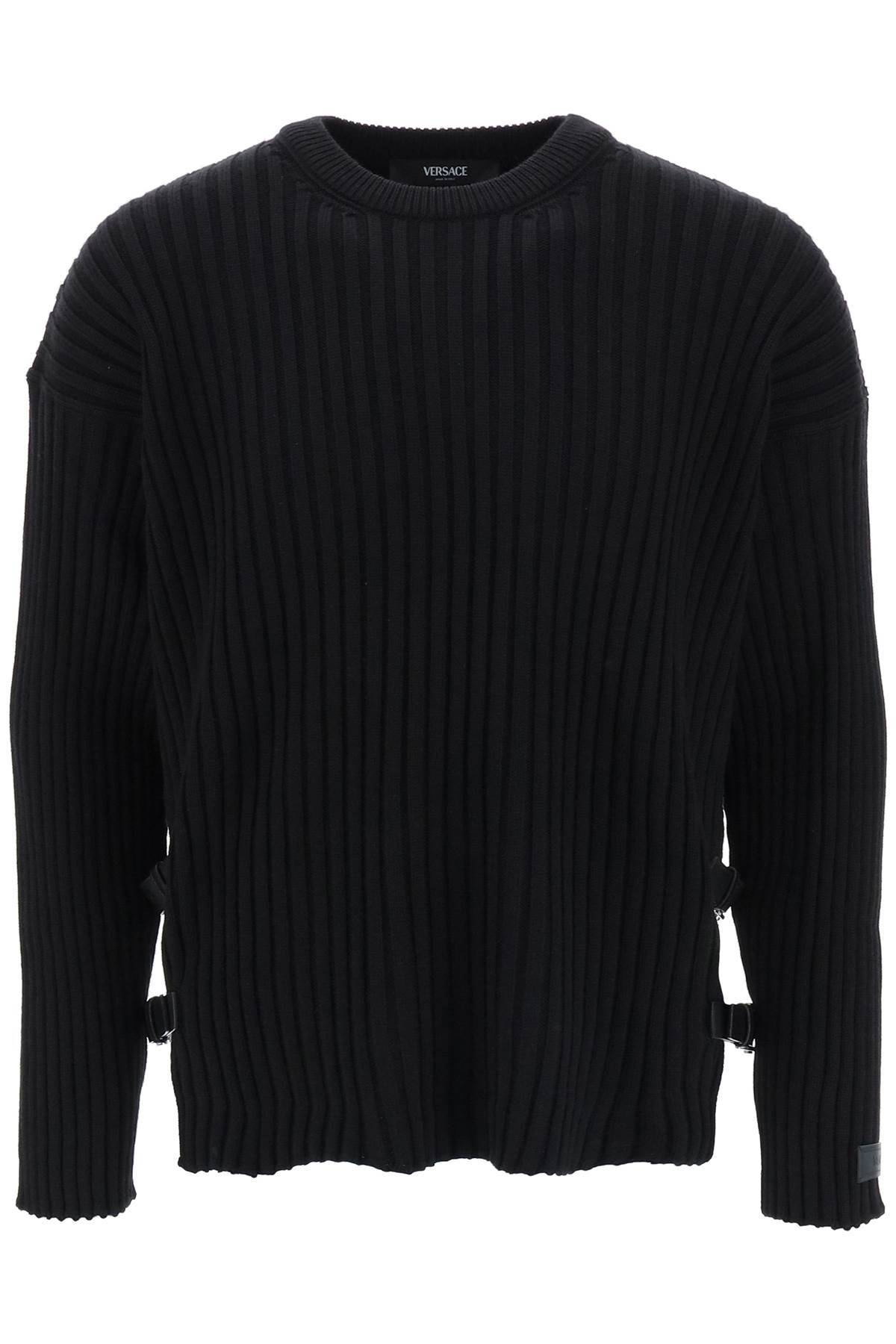 Shop Versace Ribbed-knit Sweater With Leather Straps In Black