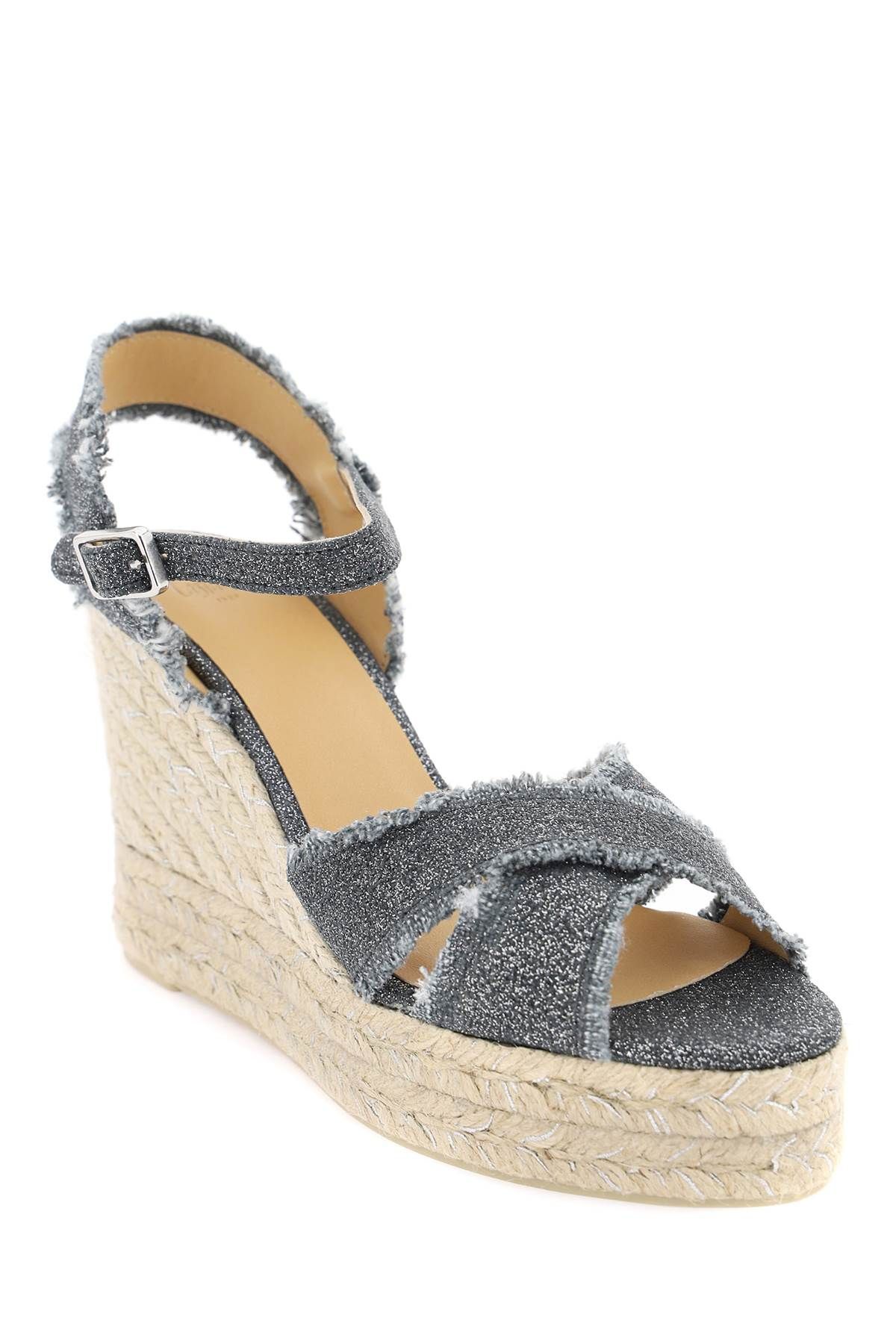 Shop Castaã±er Lurex Bromelia Wedge Sandals In Grey,silver