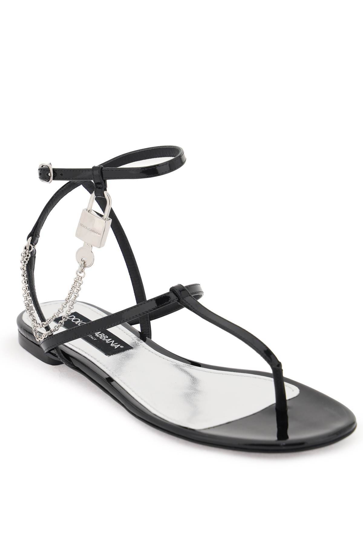 Shop Dolce & Gabbana Patent Leather Thong Sandals With Padlock In Black
