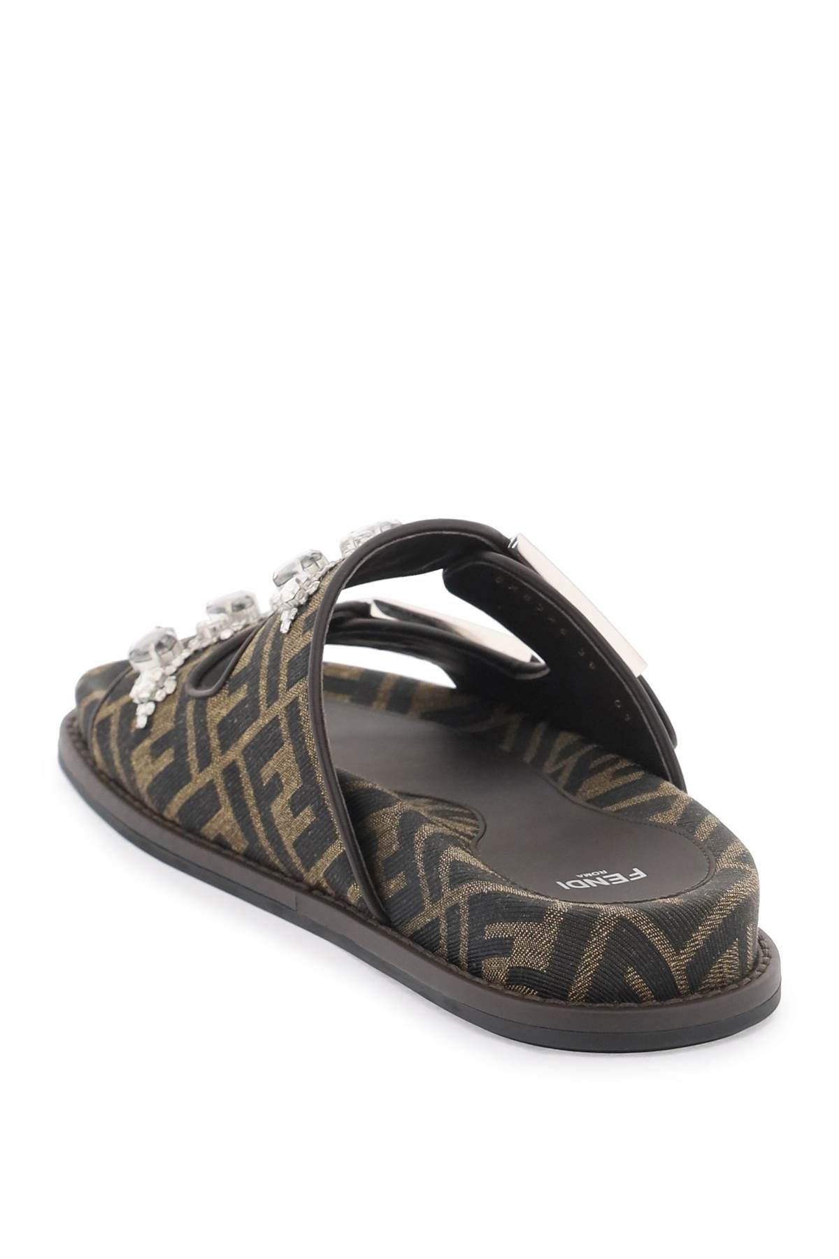 Shop Fendi Feel Canvas Slides With Crystals In Brown