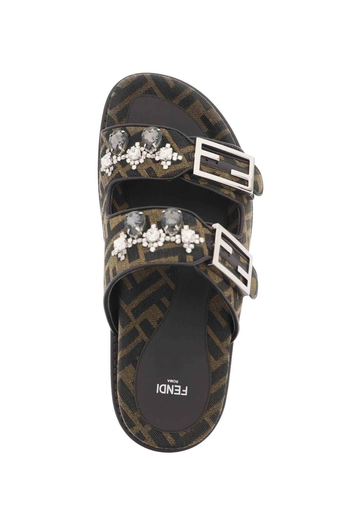 Shop Fendi Feel Canvas Slides With Crystals In Brown