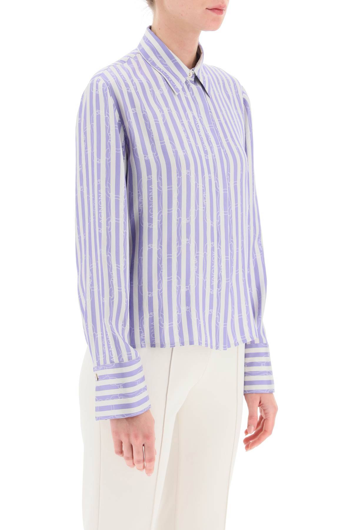 Shop Agnona Striped Shirt With Ribbon Motif In White,purple