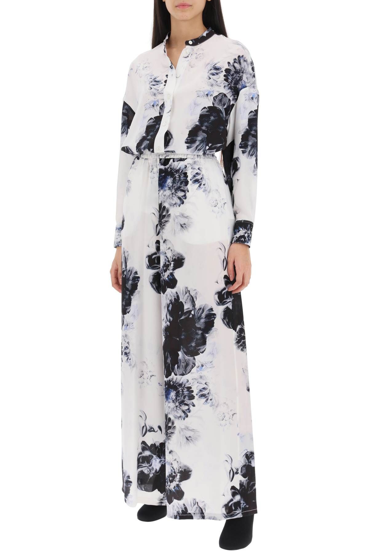 Shop Alexander Mcqueen Orchid Maxi Shirt In Silk Crepe In White,blue