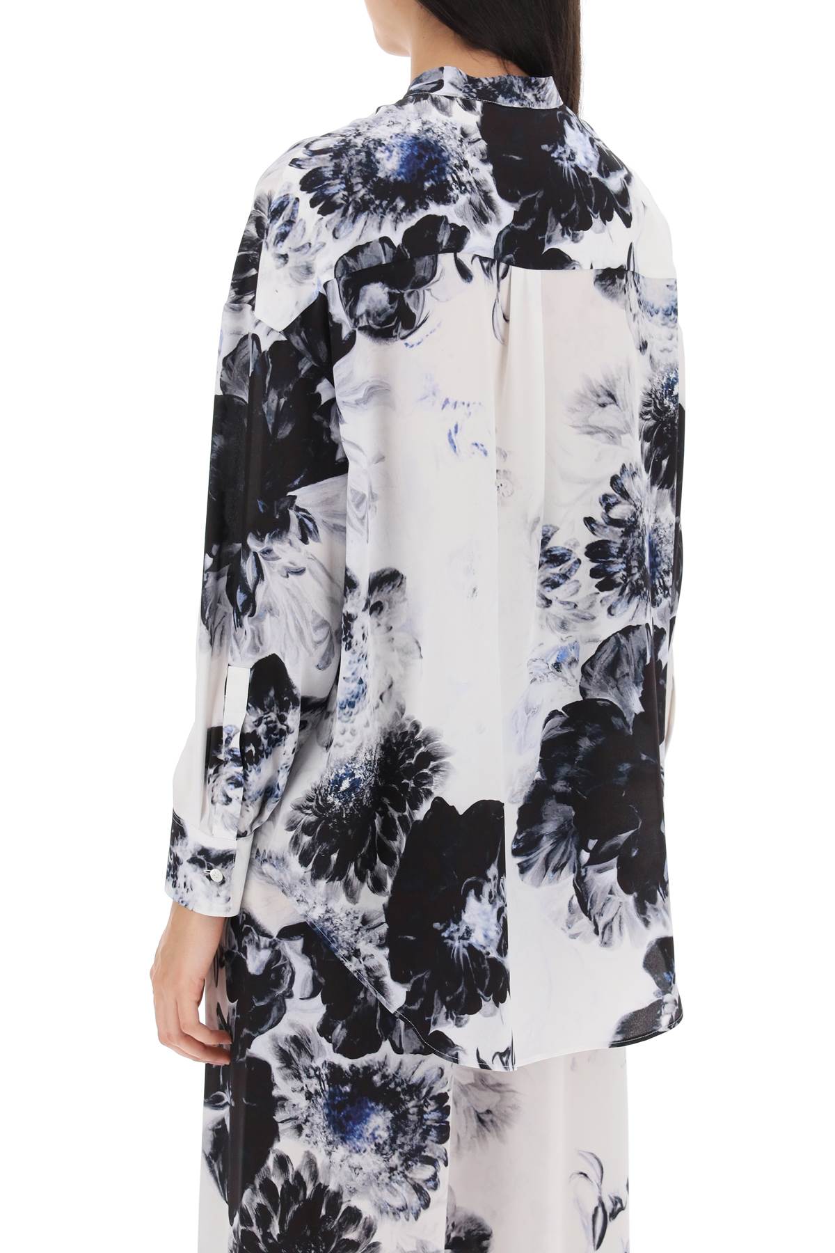 Shop Alexander Mcqueen Orchid Maxi Shirt In Silk Crepe In White,blue
