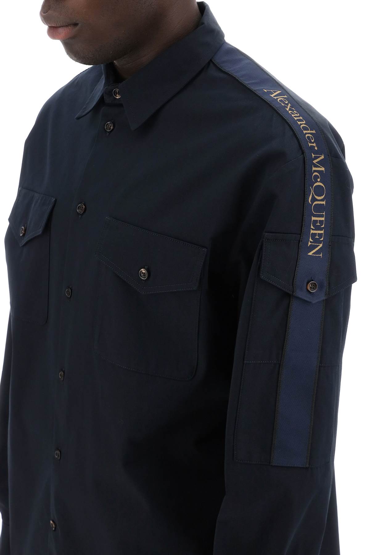 Shop Alexander Mcqueen Shirt With Logo Band On The Sleeve In Blue