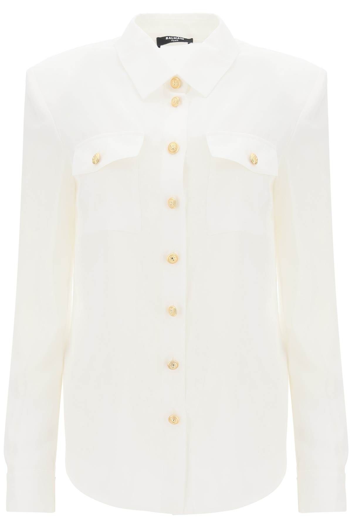 Shop Balmain Silk Shirt With Padded Shoulders In White