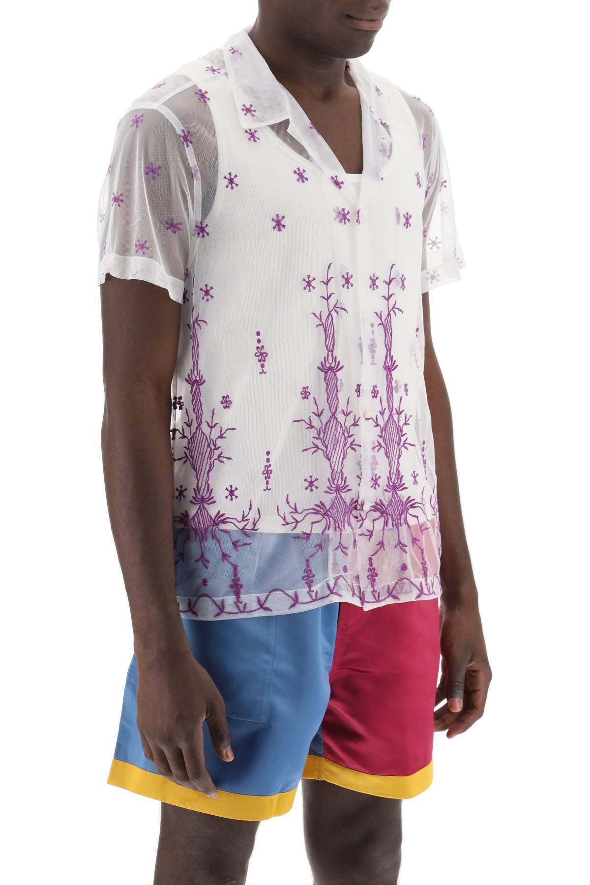 Shop Bode Lavandula Bowling Shirt In Embroidered Tulle In White,purple