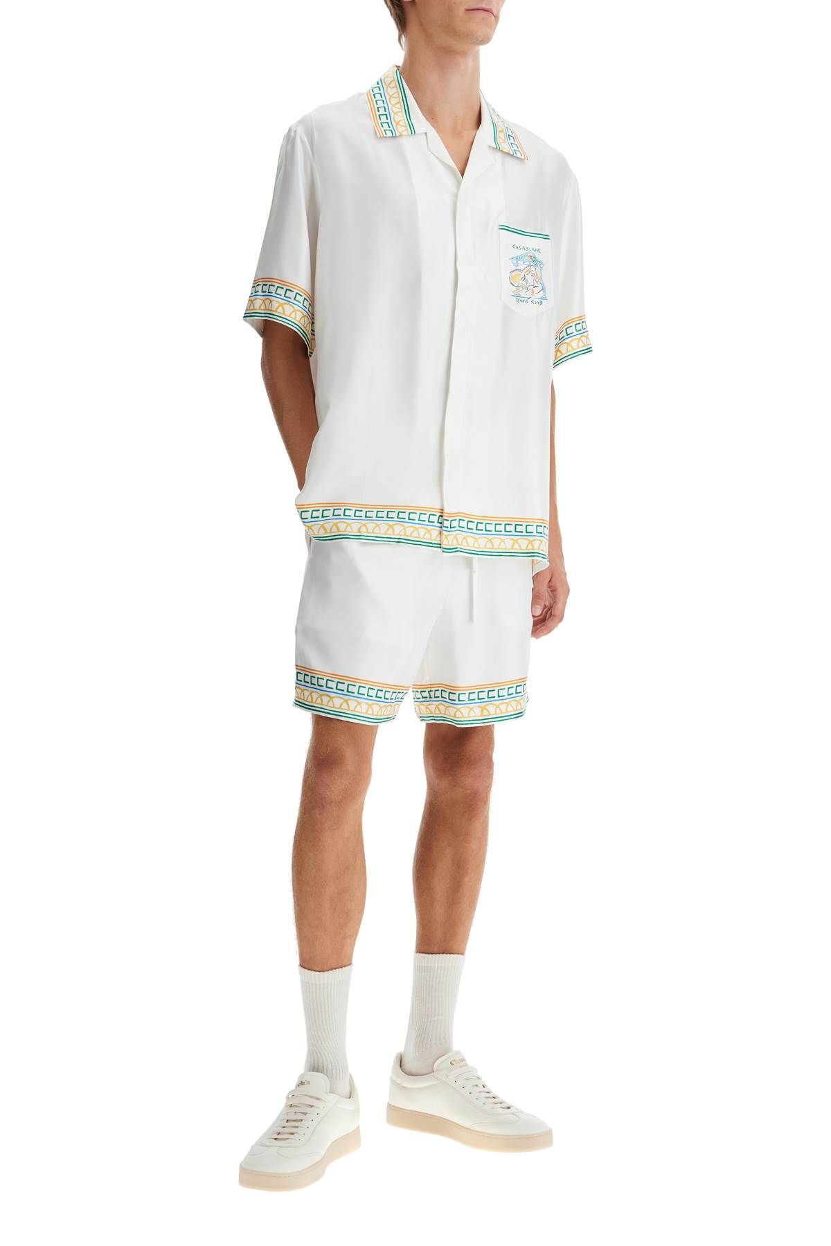 Shop Casablanca Silk Crayon Temple Tennis Club Shirt In White