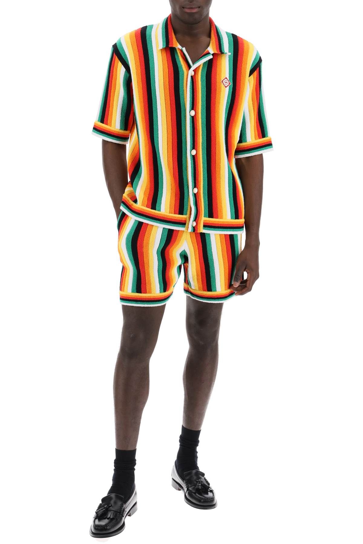 Shop Casablanca Striped Knit Bowling Shirt With Nine Words In Multicolor