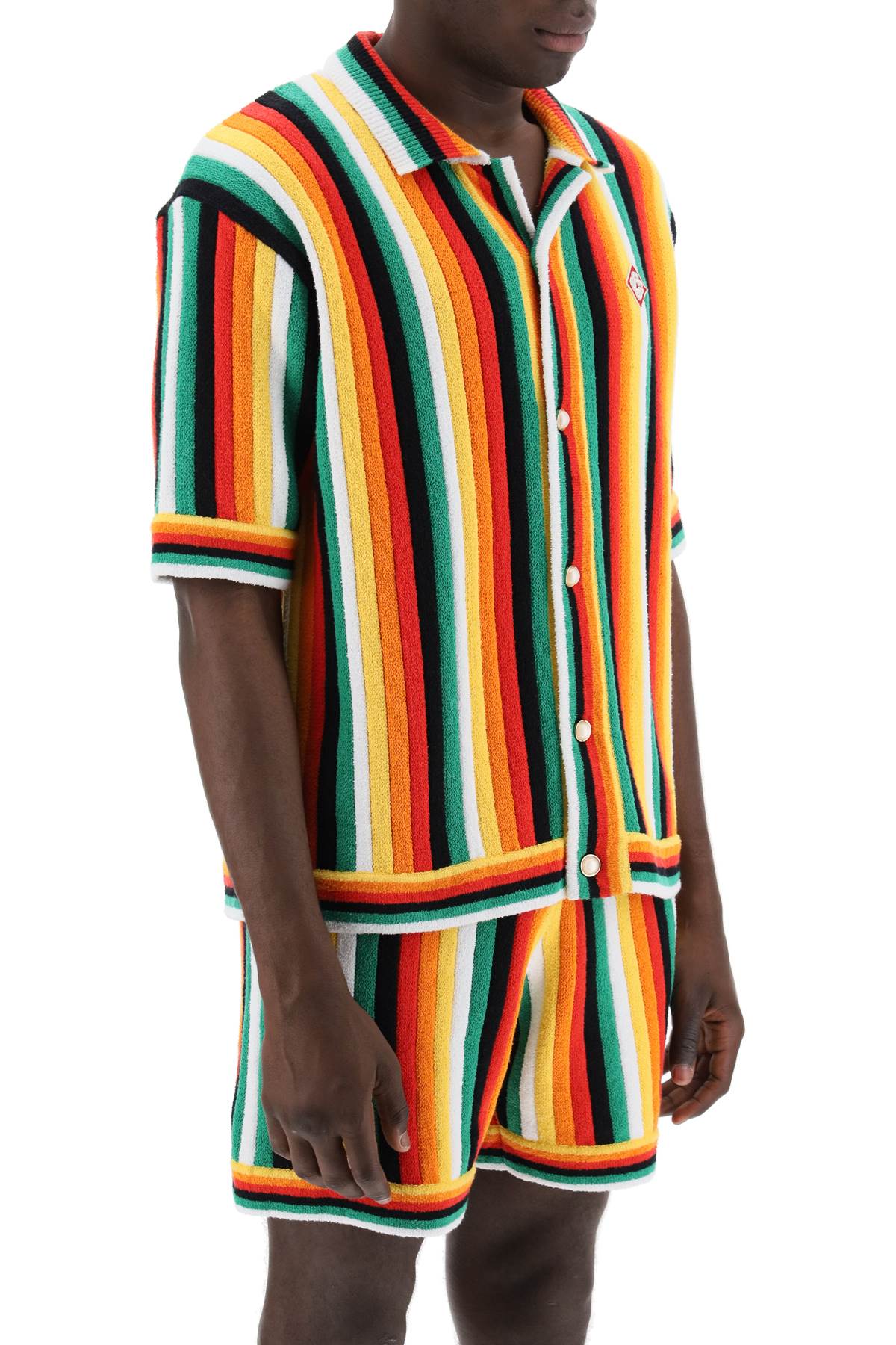 Shop Casablanca Striped Knit Bowling Shirt With Nine Words In Multicolor