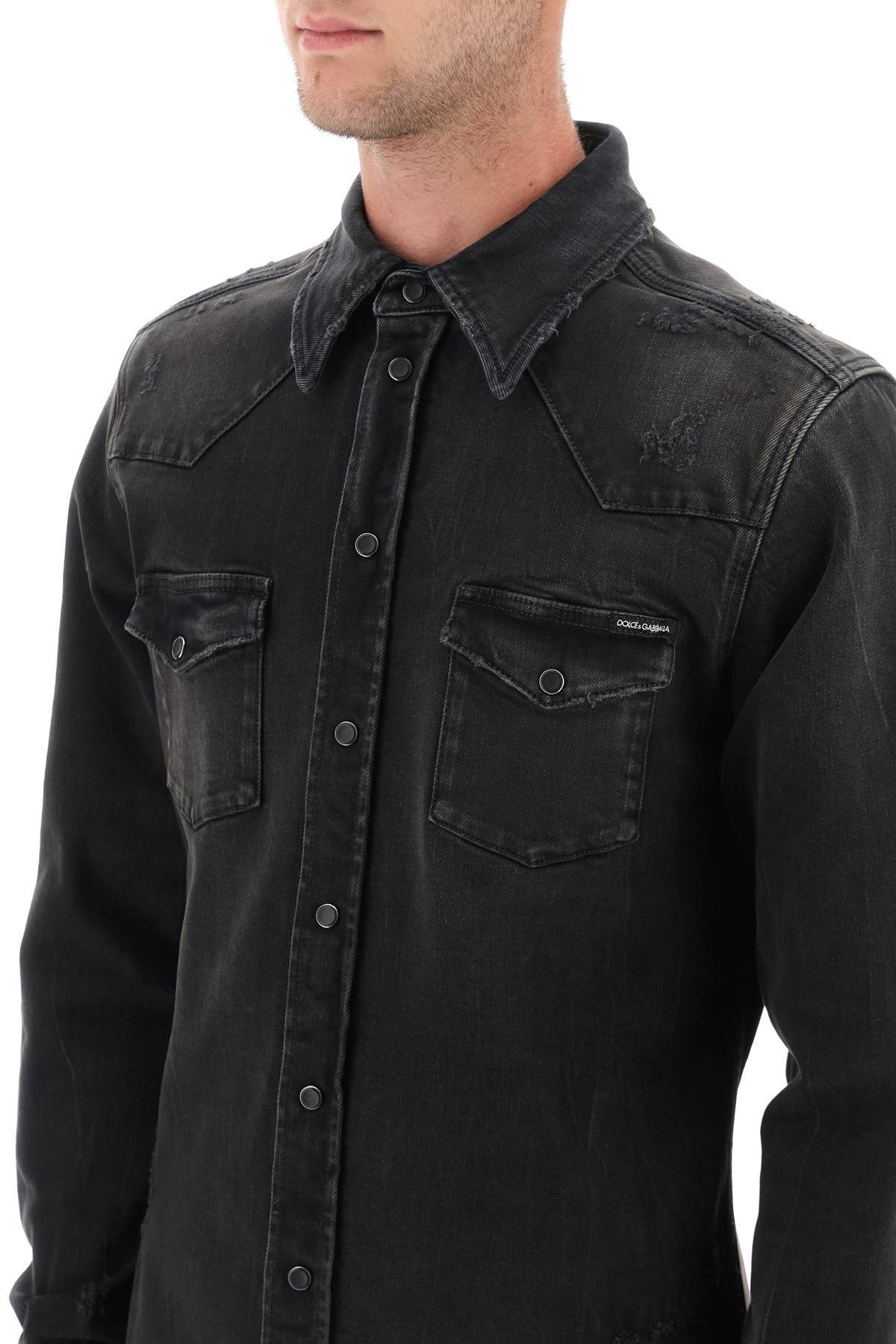 Shop Dolce & Gabbana Distressed Denim Western Shirt In Black