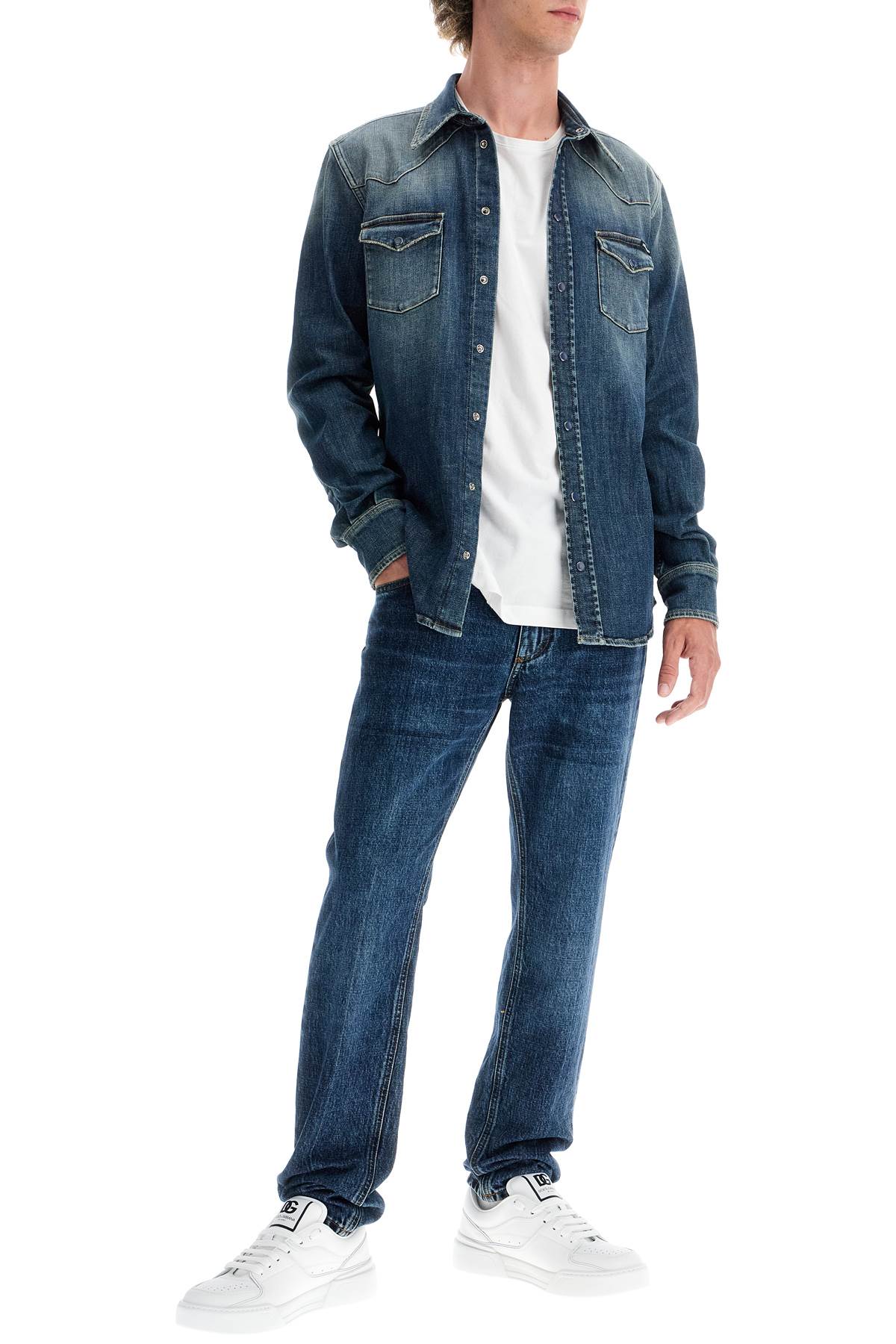 Shop Dolce & Gabbana Denim Stretch Shirt For Men In Blue