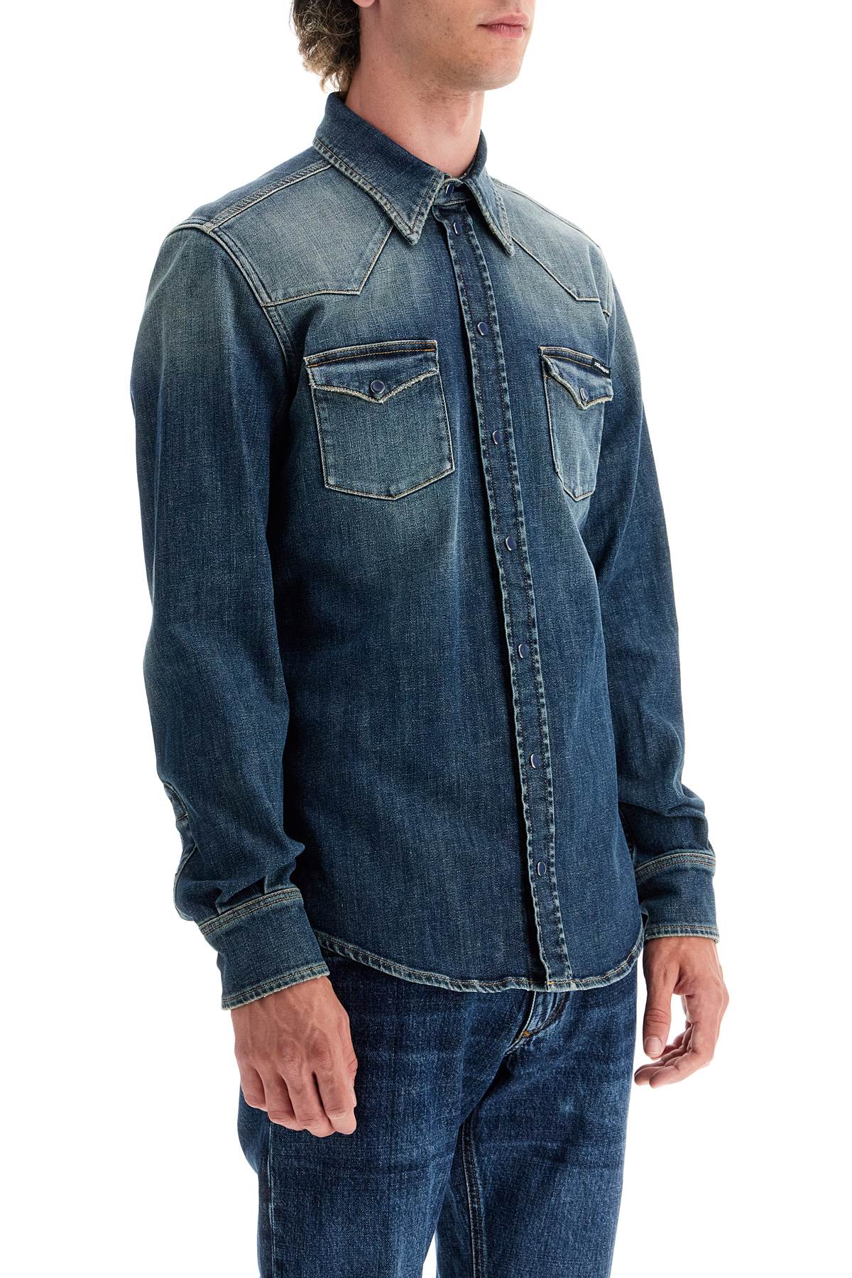 Shop Dolce & Gabbana Denim Stretch Shirt For Men In Blue