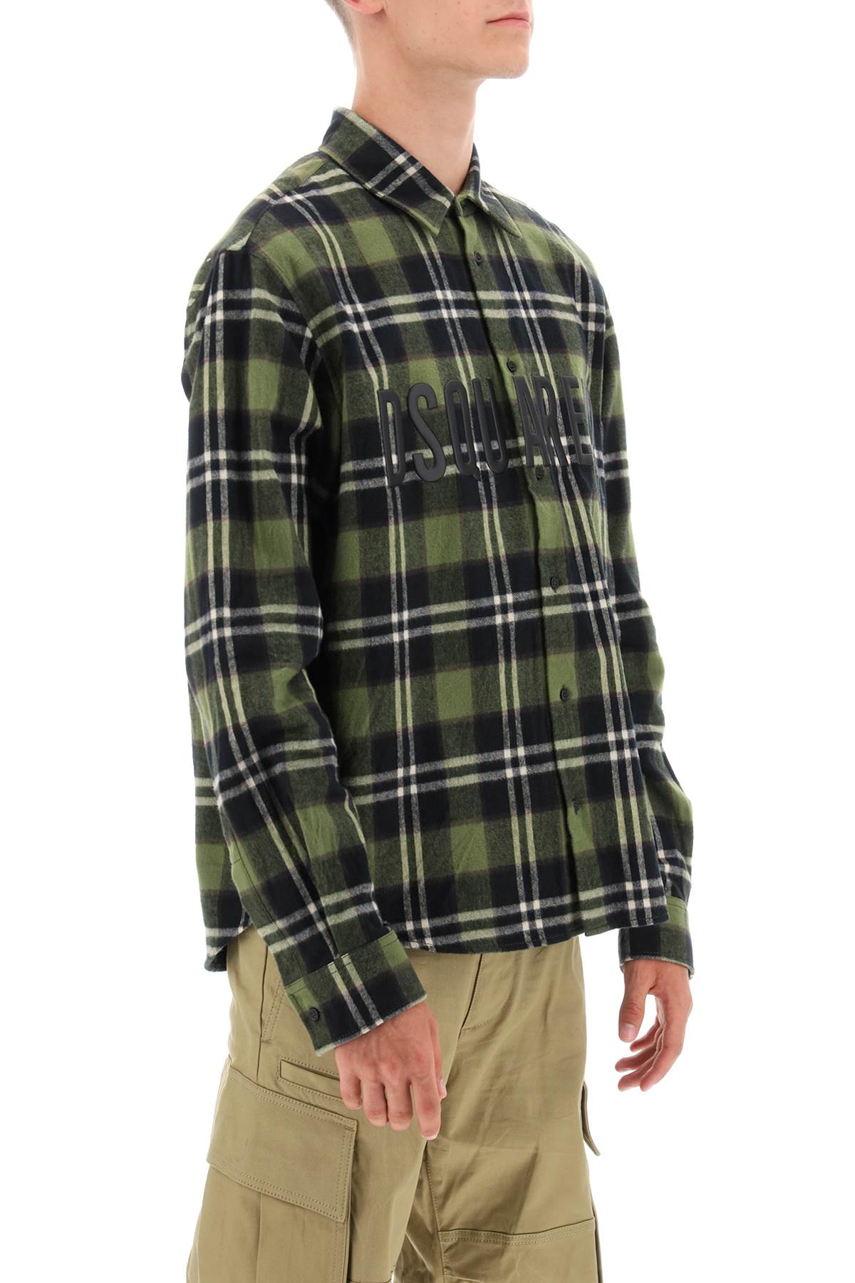 Shop Dsquared2 Check Flannel Shirt With Rubberized Logo In Green