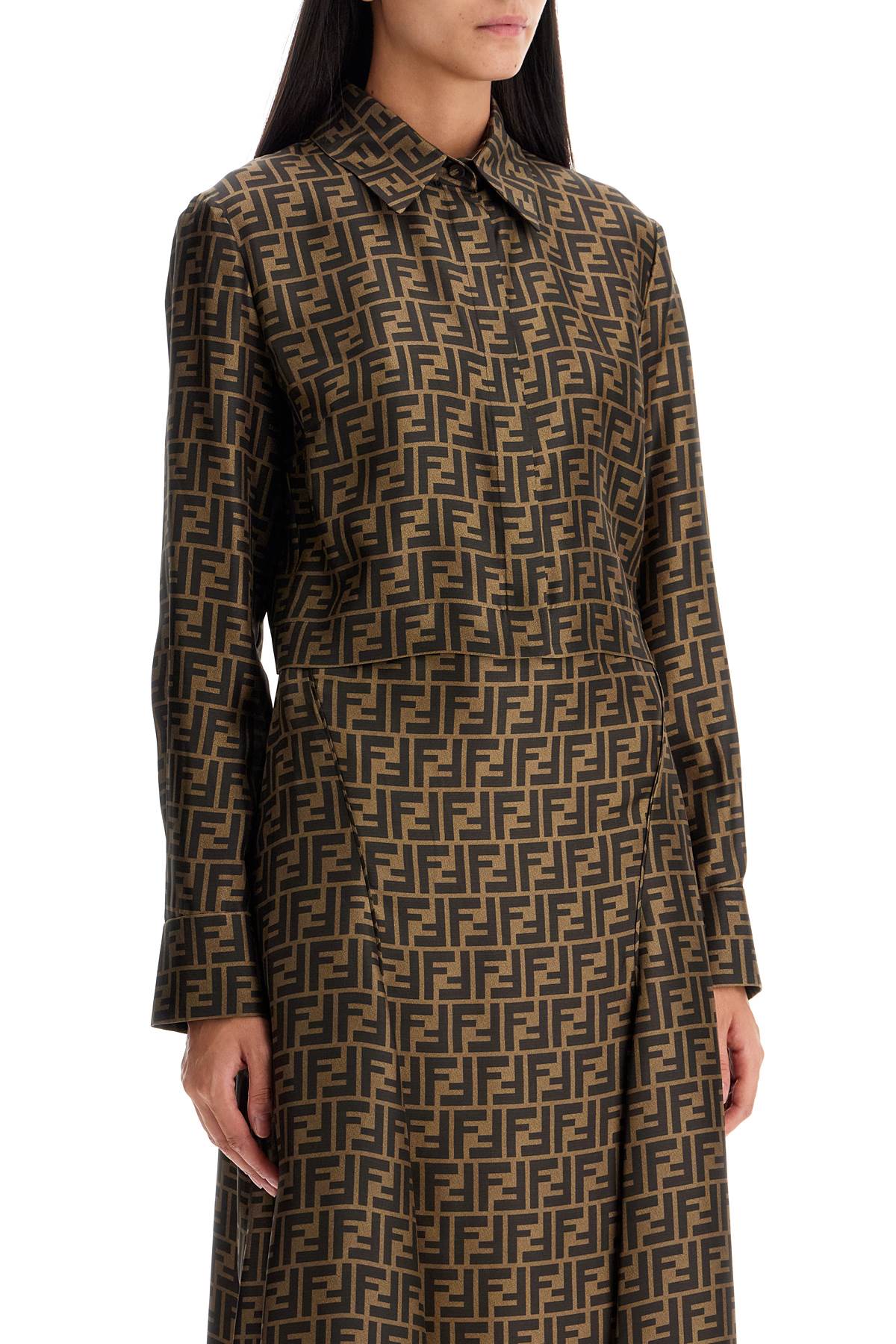 Shop Fendi Silk Cropped Shirt In Ff Set In Brown