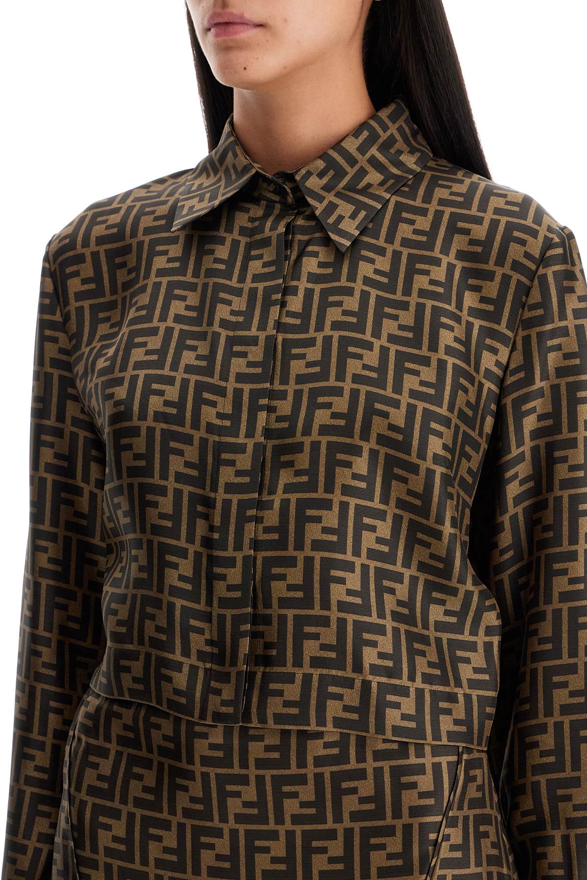 Shop Fendi Silk Cropped Shirt In Ff Set In Brown