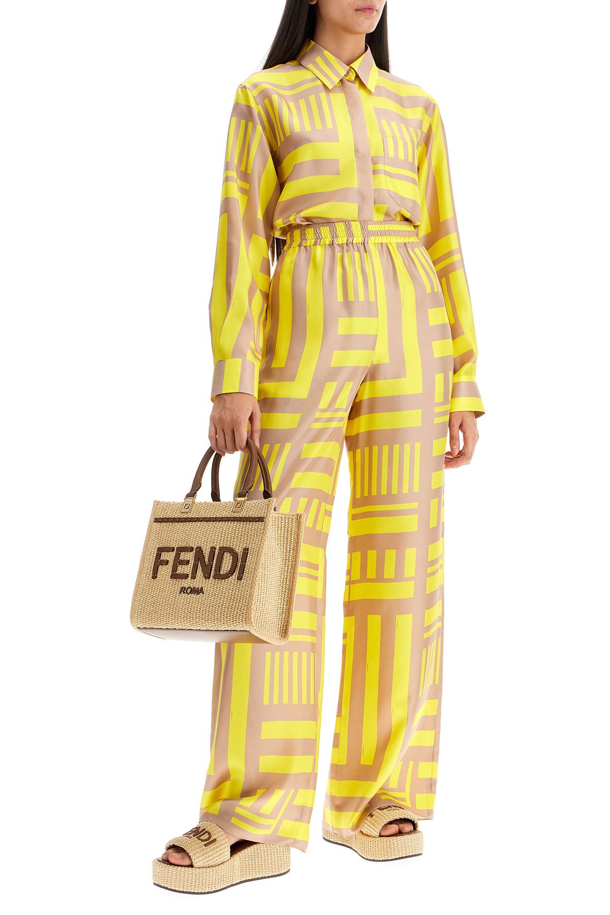 Shop Fendi Labyrinth Silk Shirt Set In Yellow