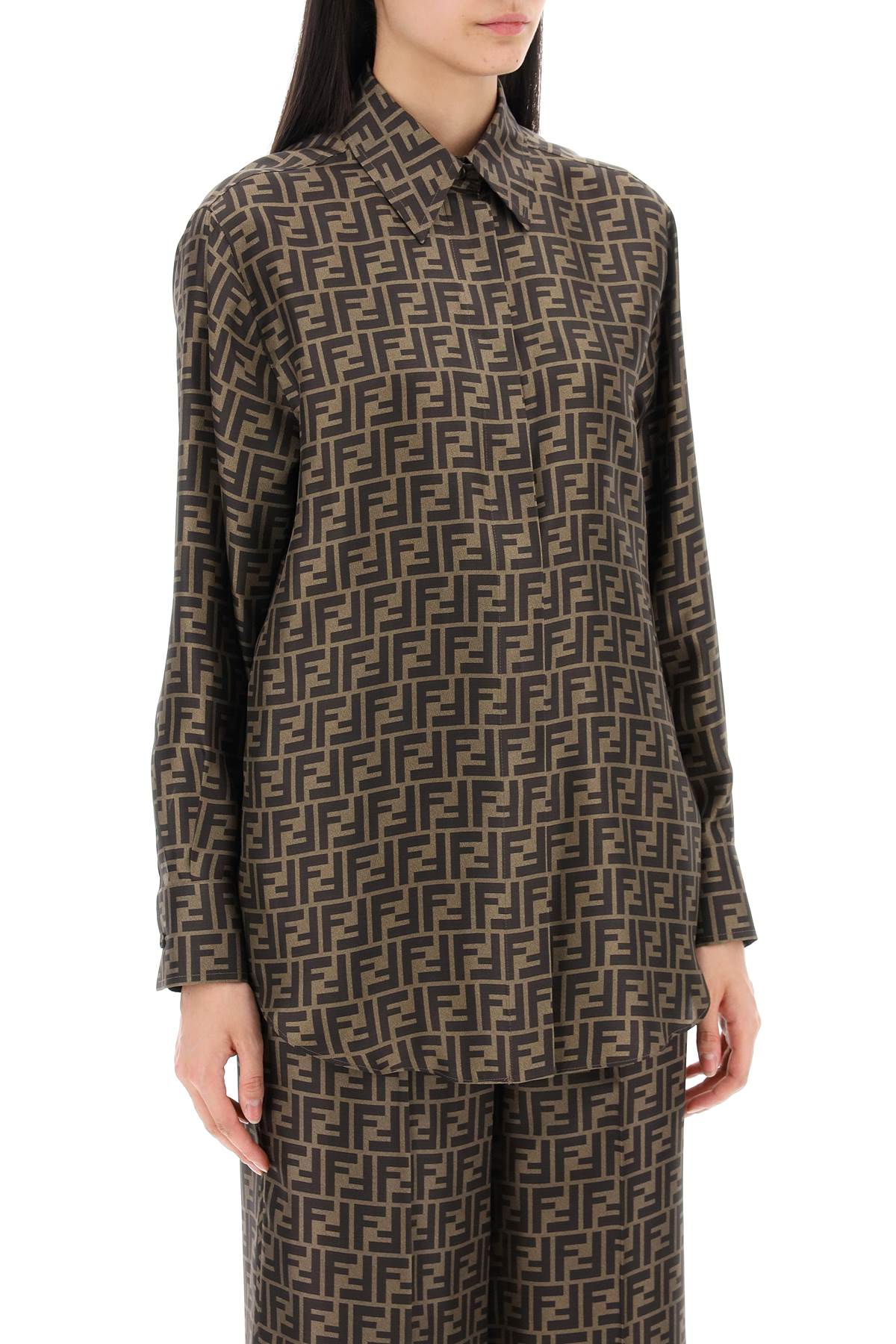 Shop Fendi Ff Silk Shirt In Brown