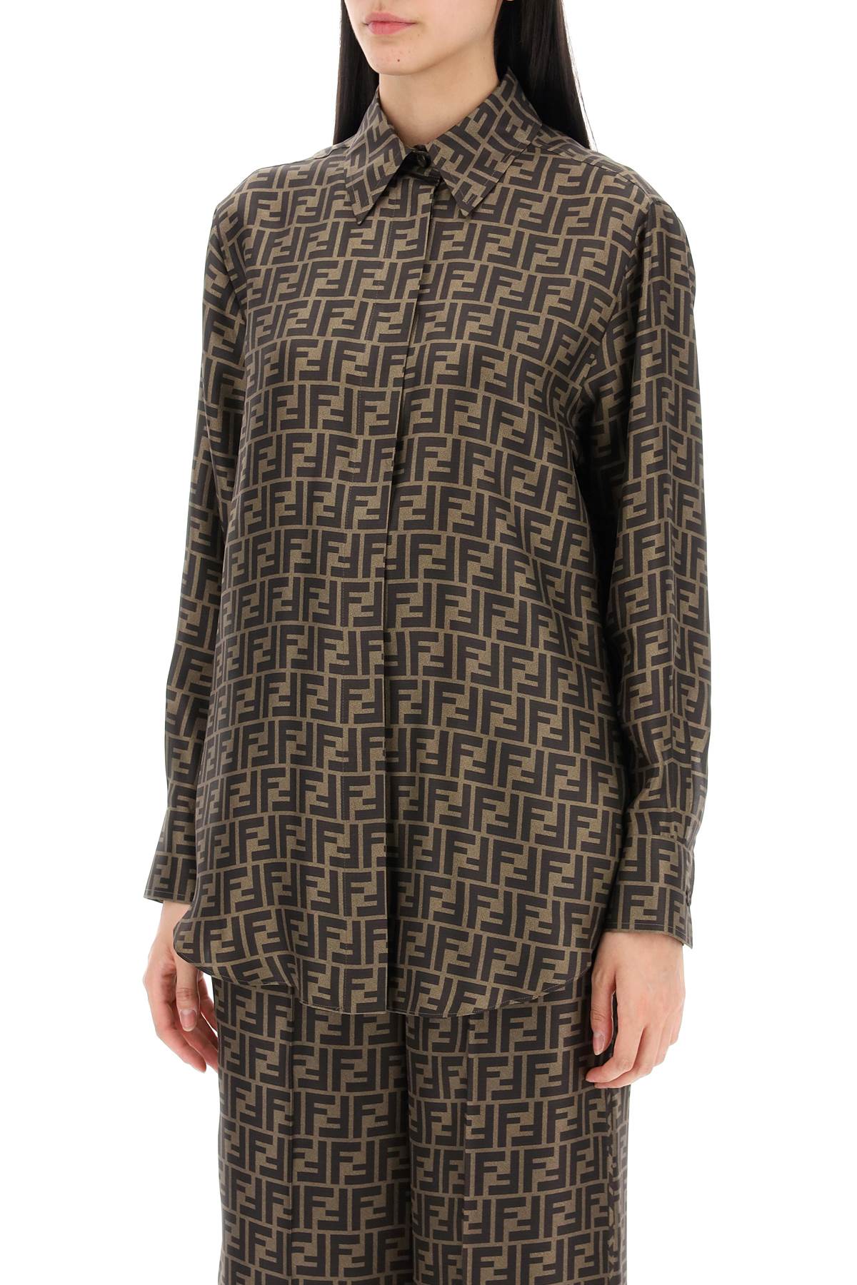 Shop Fendi Ff Silk Shirt In Brown