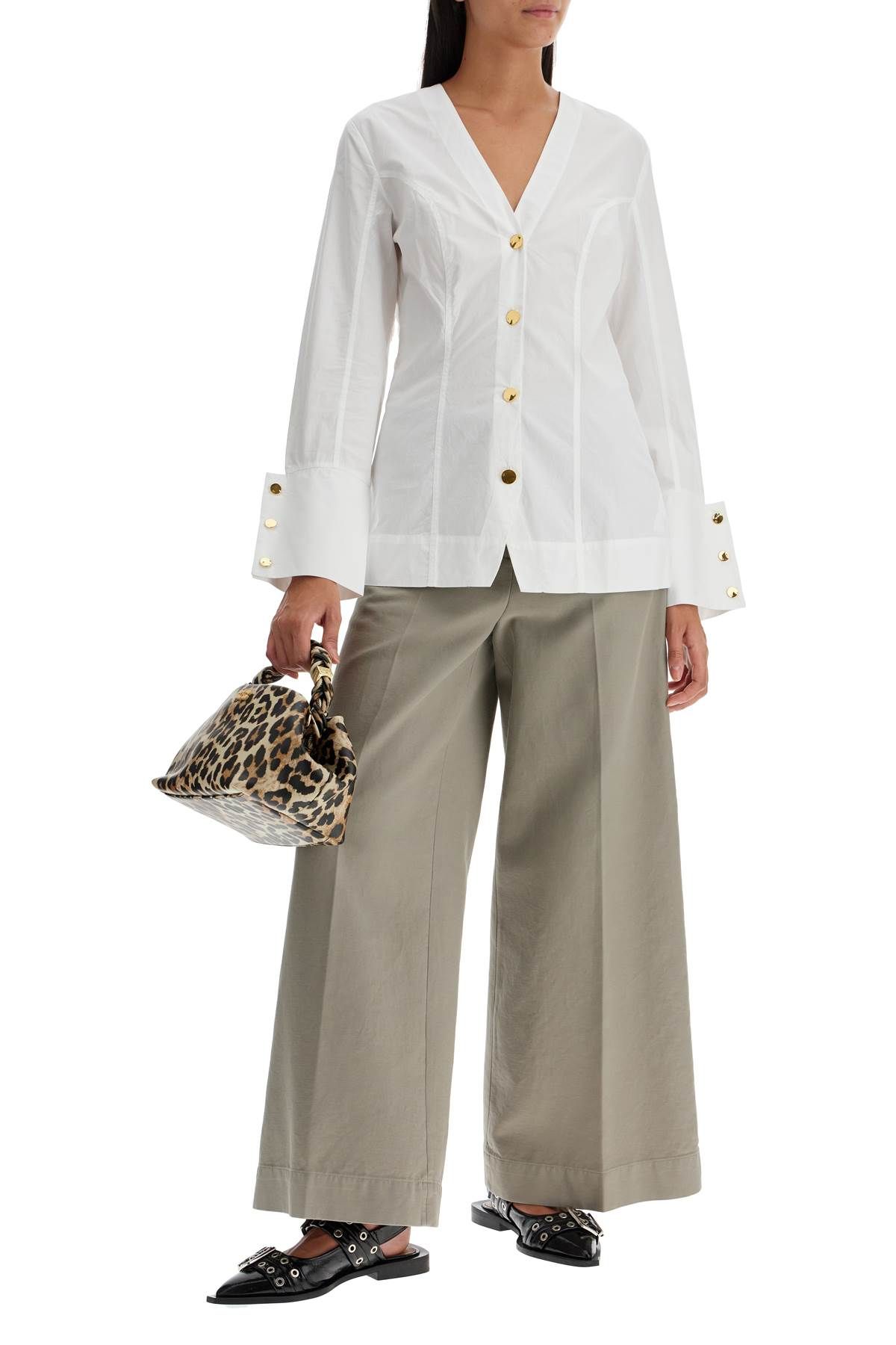 Shop Ganni V-neck Shirt With Collar In White