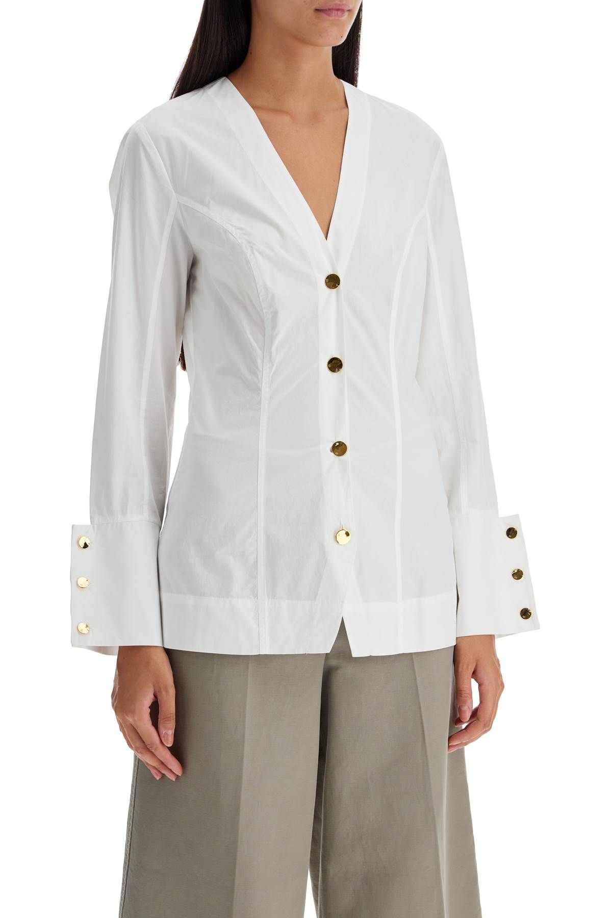 Shop Ganni V-neck Shirt With Collar In White