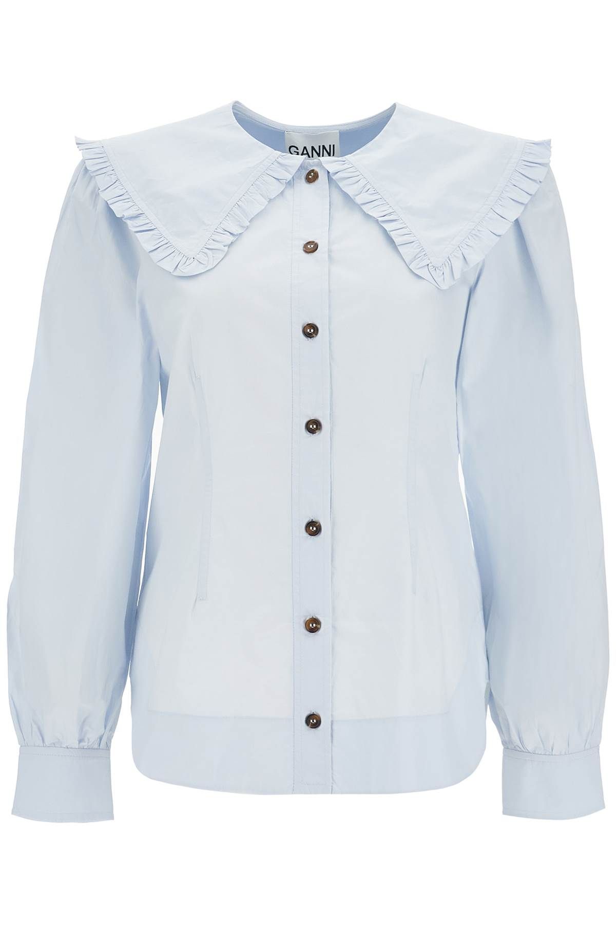 Shop Ganni Poplin Shirt With Oversized Collar In Light Blue