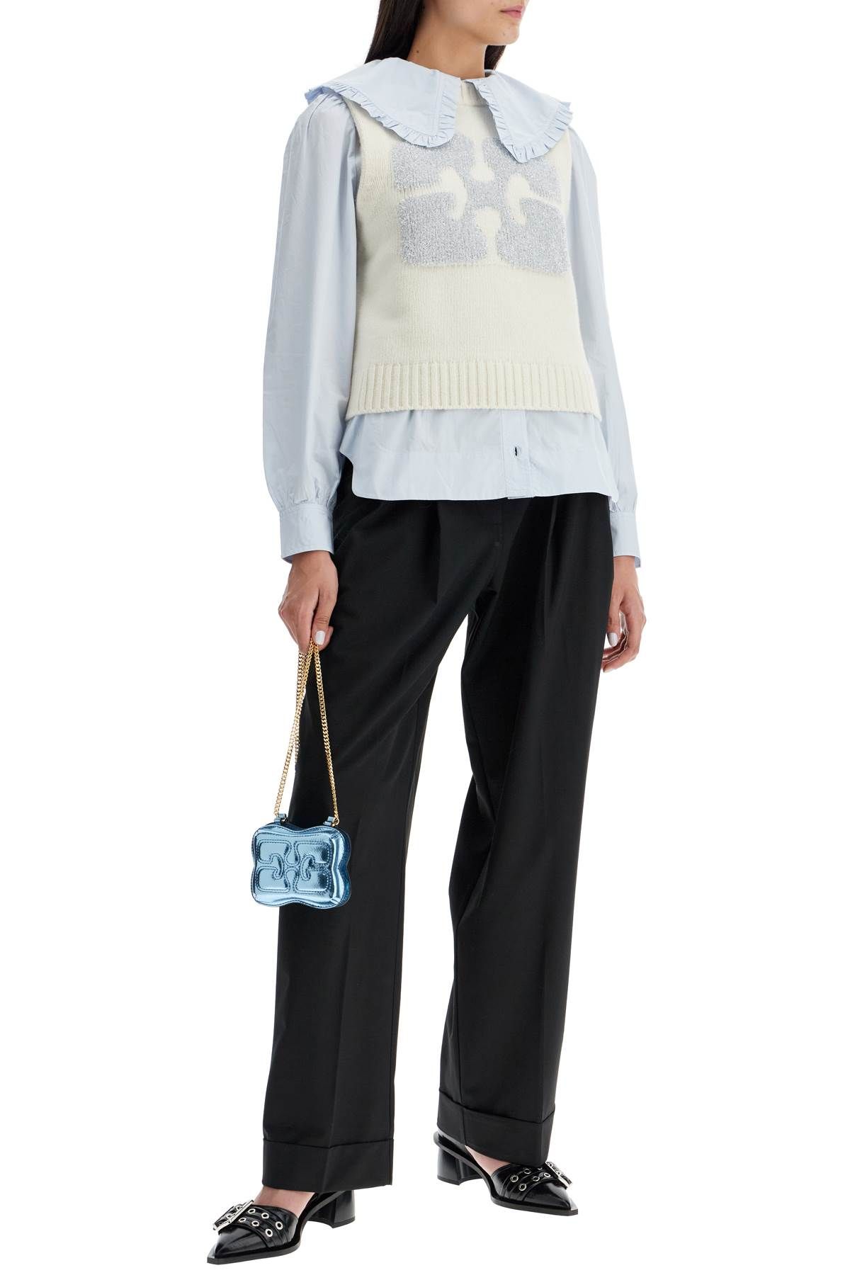 Shop Ganni Poplin Shirt With Oversized Collar In Light Blue