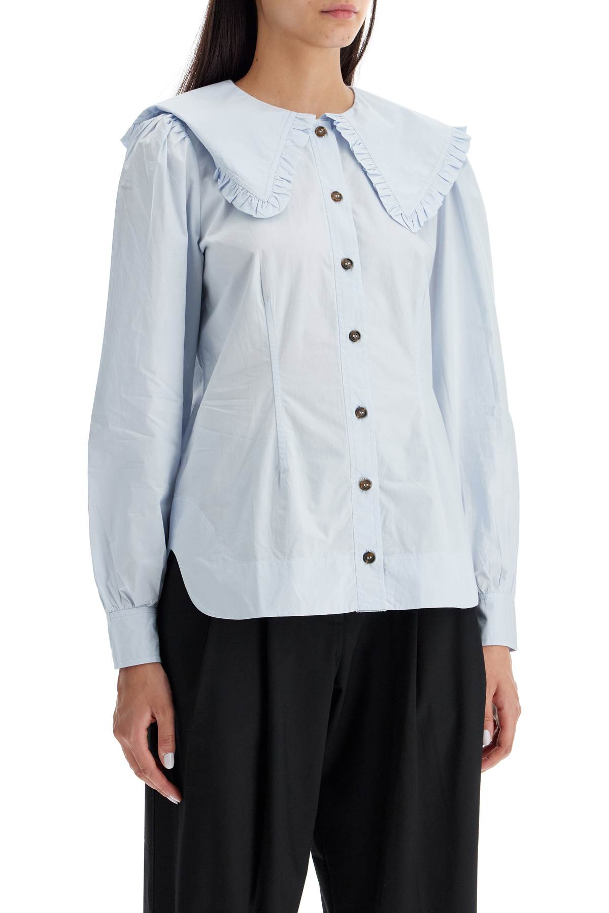 Shop Ganni Poplin Shirt With Oversized Collar In Light Blue