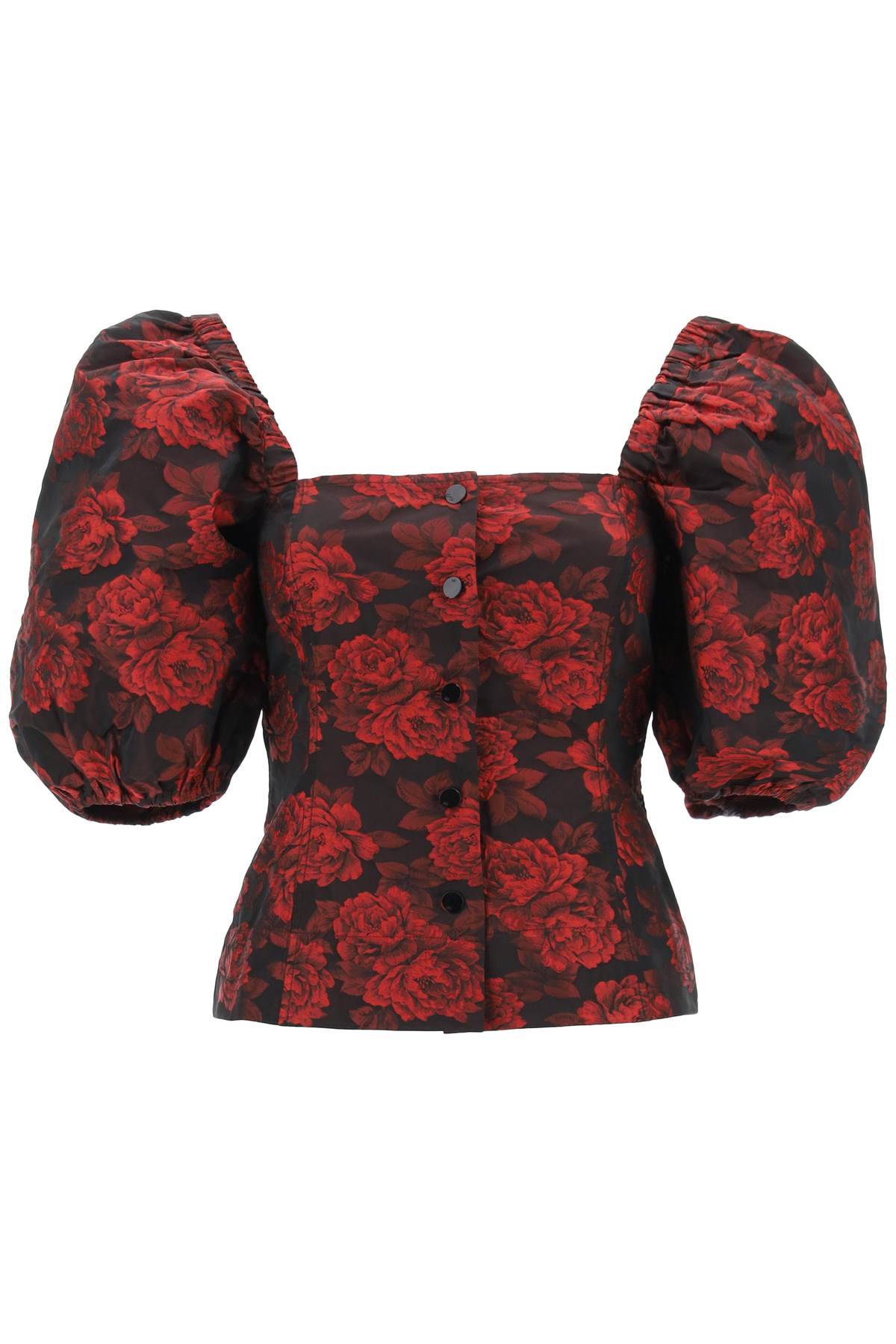 Shop Ganni Blouse In Floral Jacquard In Red,black