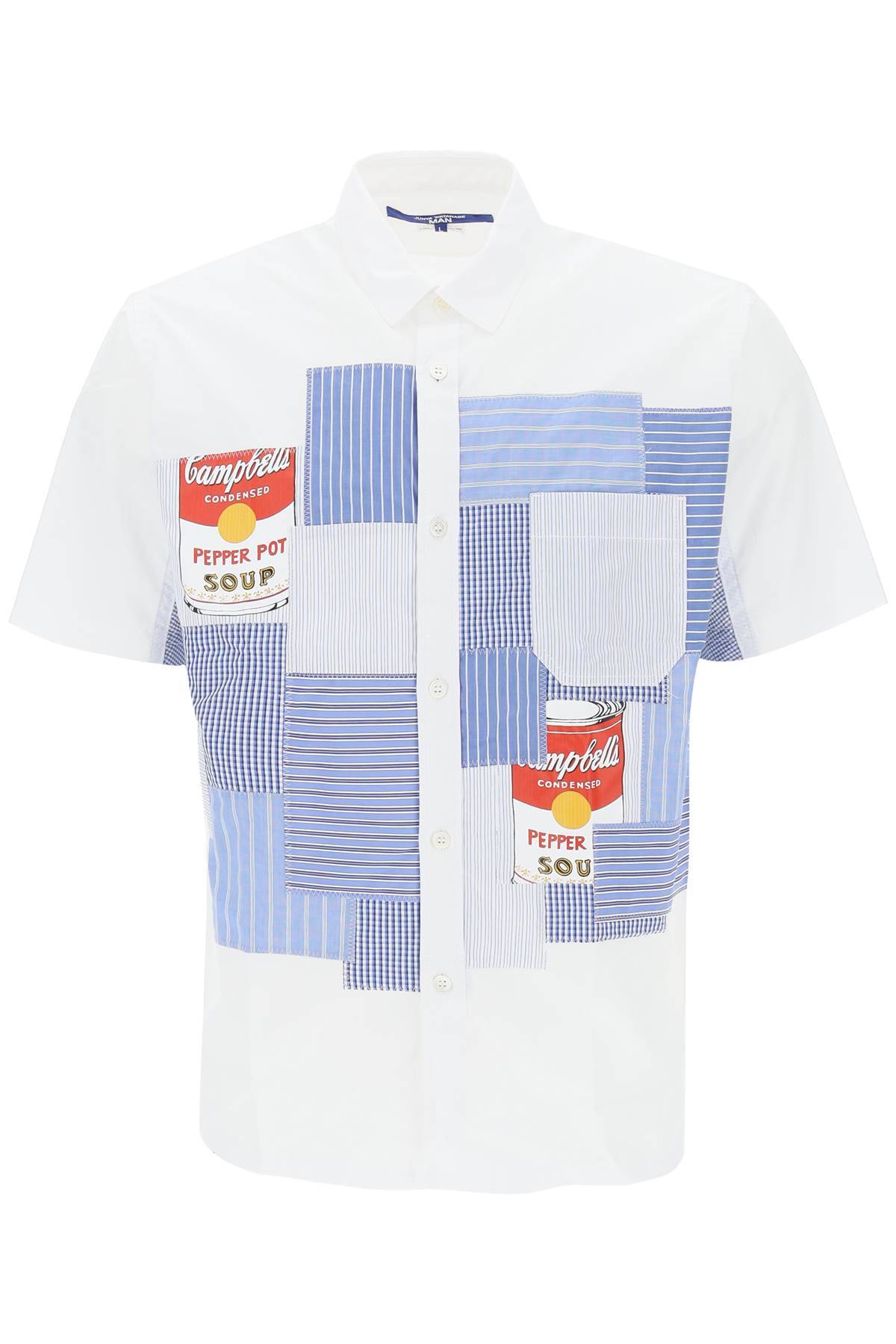 Shop Junya Watanabe Short Sleeve Patchwork Shirt In White,blue