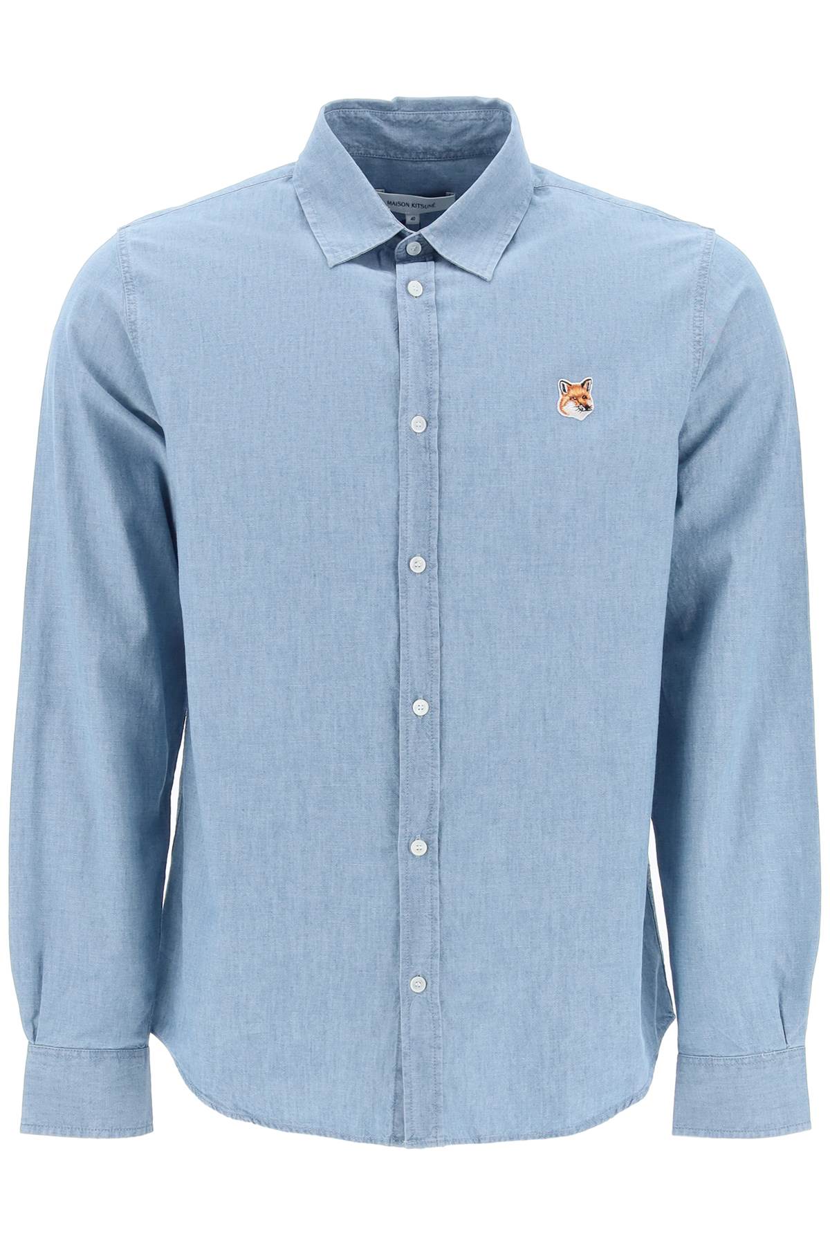 Shop Maison Kitsuné "fox Head Cotton Chambray Shirt" In Blue