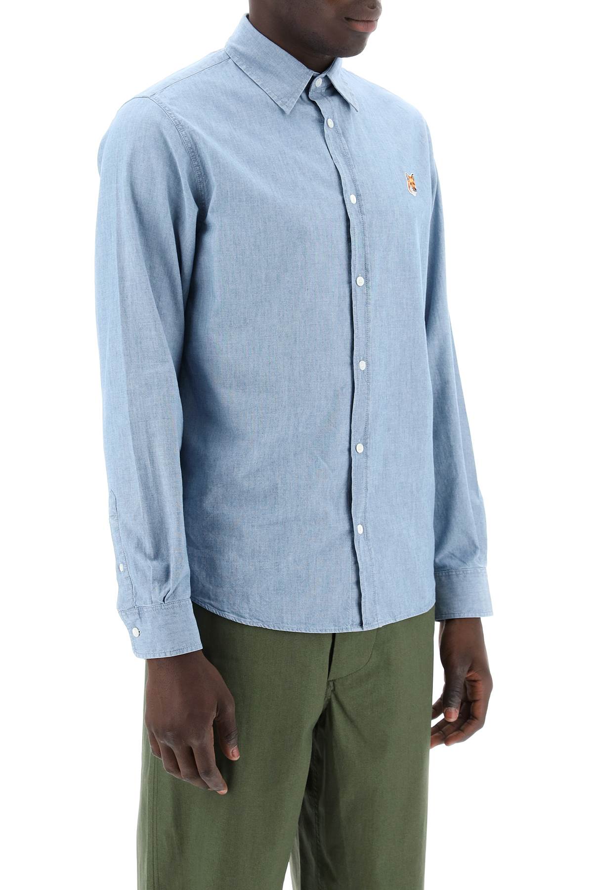 Shop Maison Kitsuné "fox Head Cotton Chambray Shirt" In Blue