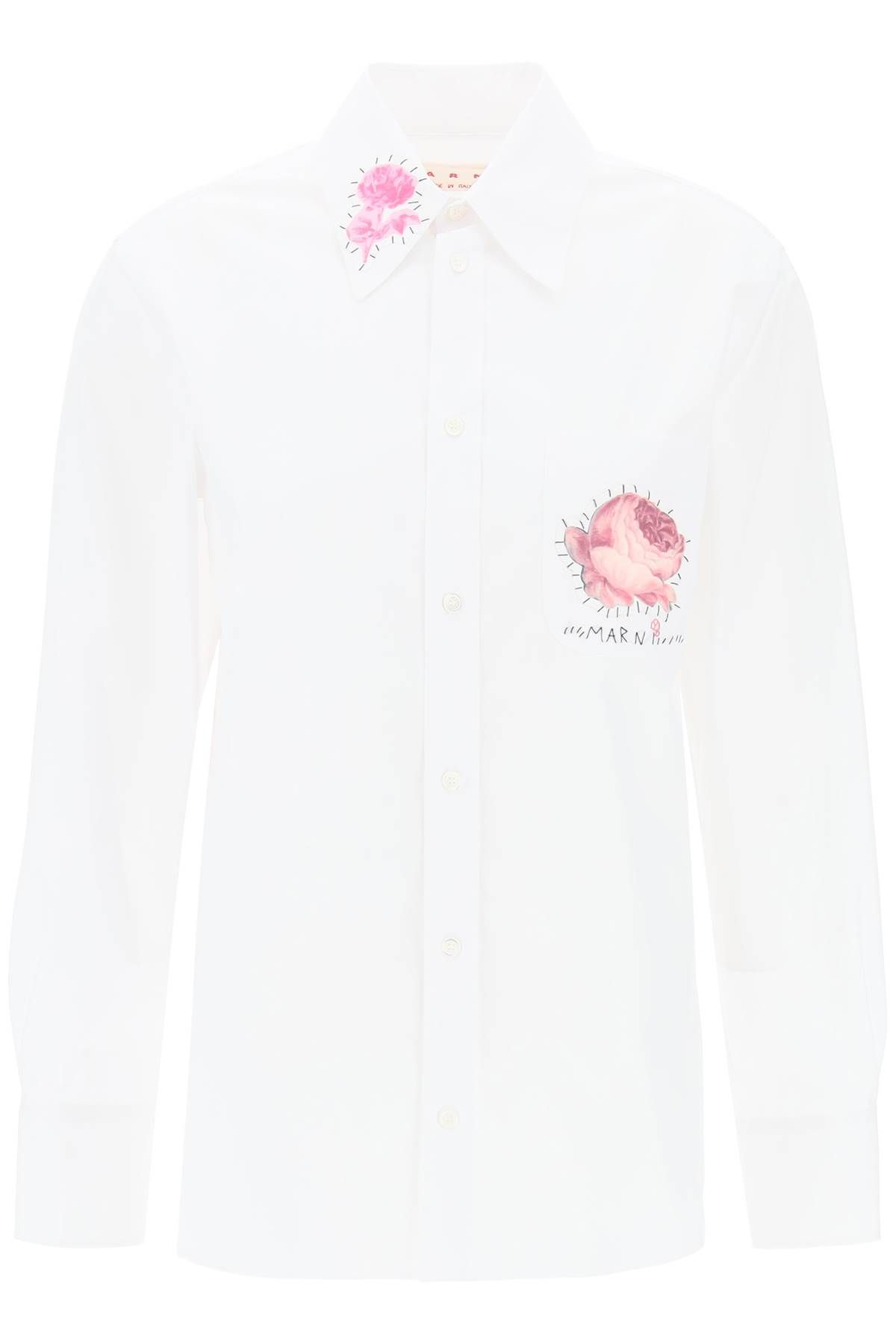 Shop Marni "shirt With Flower Print Patch And Embroidered Logo In White