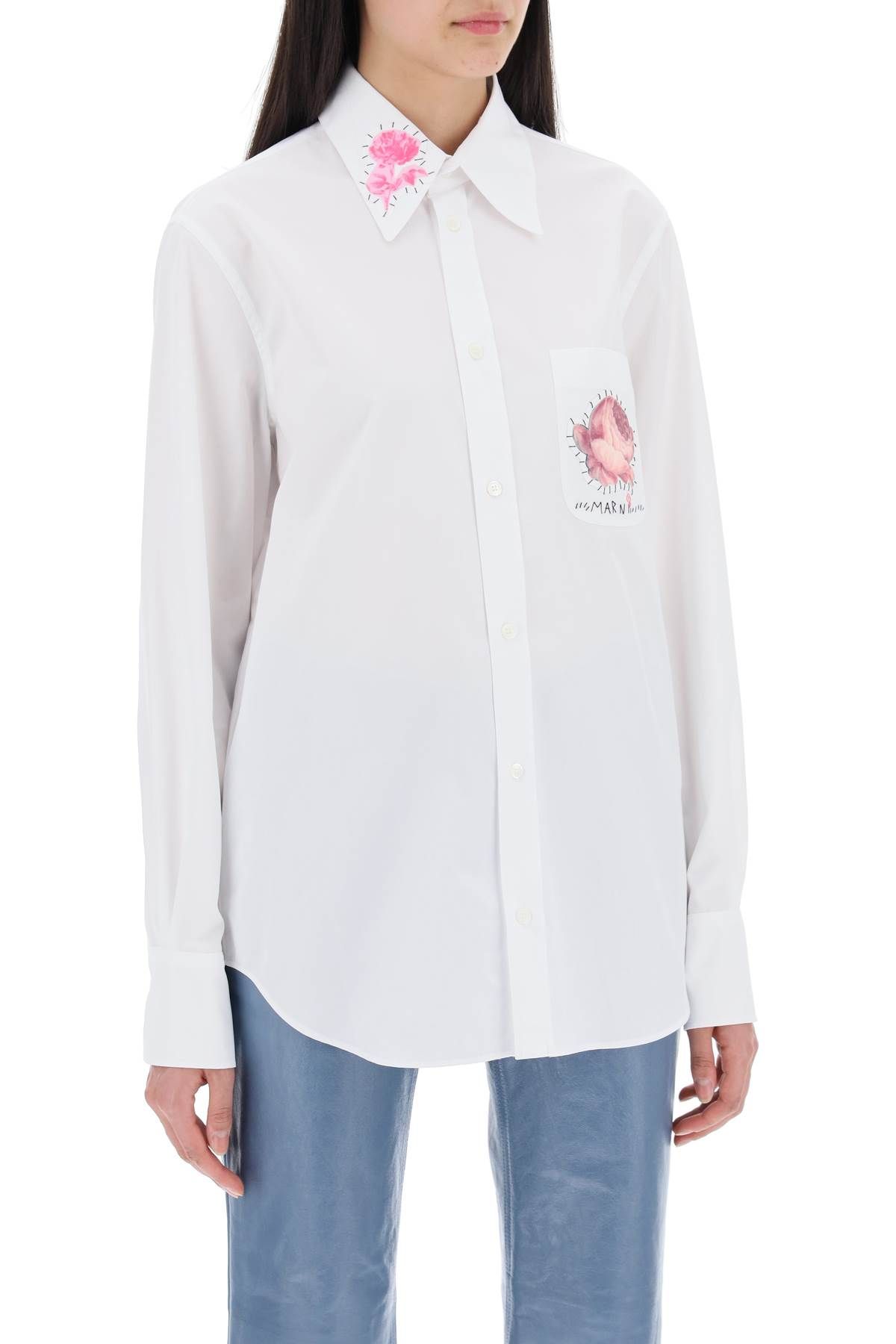 Shop Marni "shirt With Flower Print Patch And Embroidered Logo In White